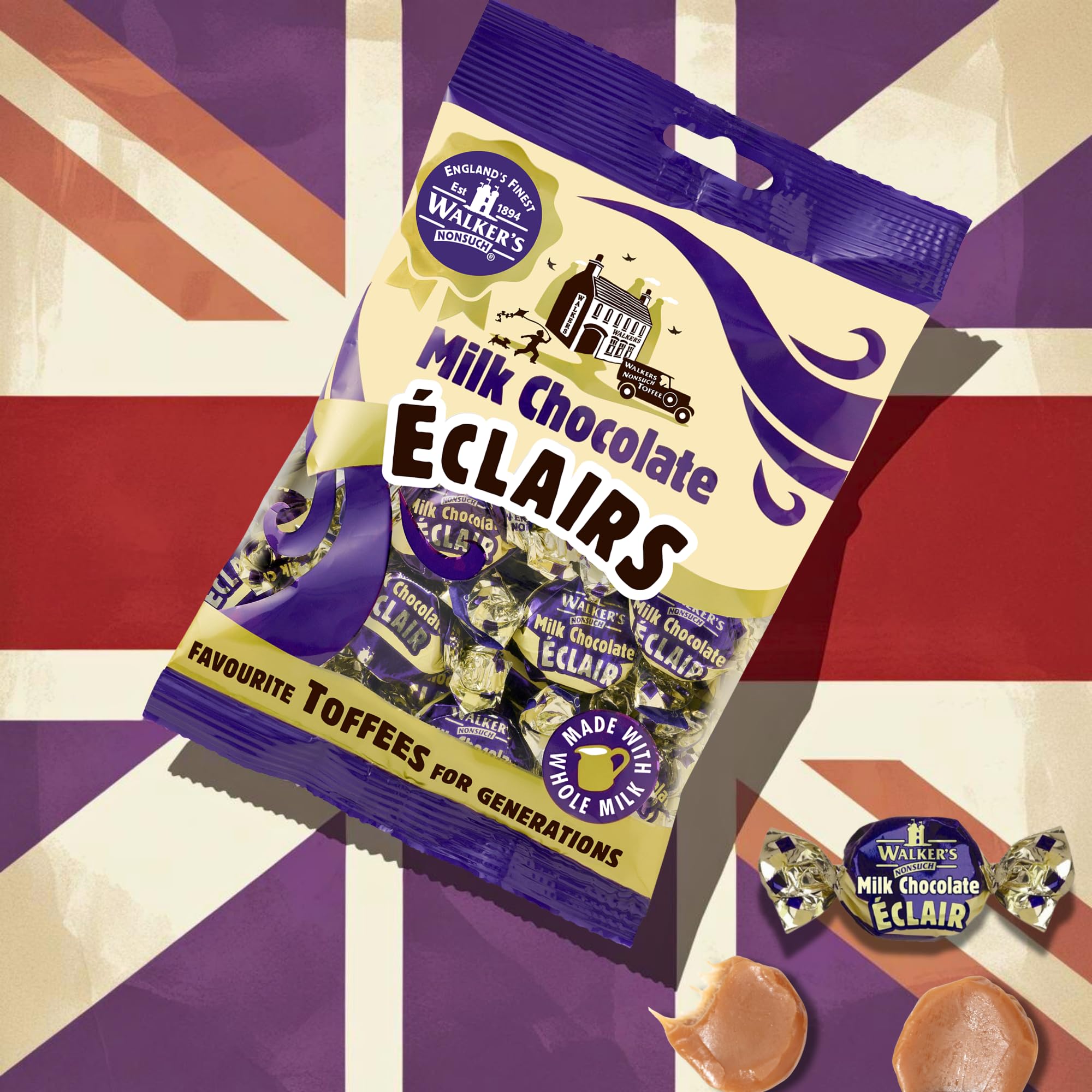 Walkers Nonsuch Milk Chocolate Eclairs 5.29 oz (Pack of 2) - Traditional British Chewy Butter Toffee Candy, Classic English Creamy Toffee Sweets