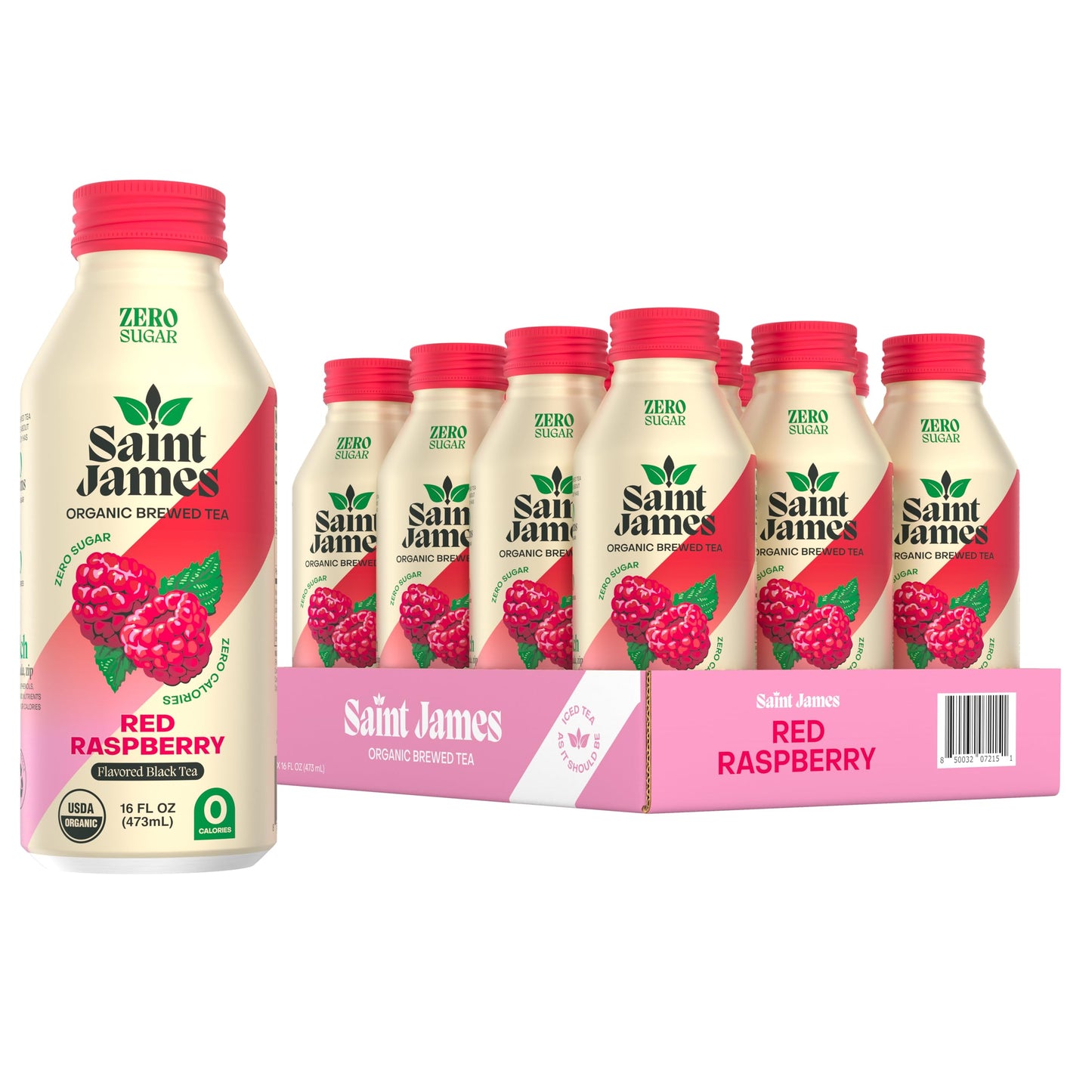 Saint James Iced Tea - Organic Black Tea - Non-GMO, Gluten Free, Zero Calorie, Zero Sugar - Red Raspberry, 12 Pack (16 fl oz each)
