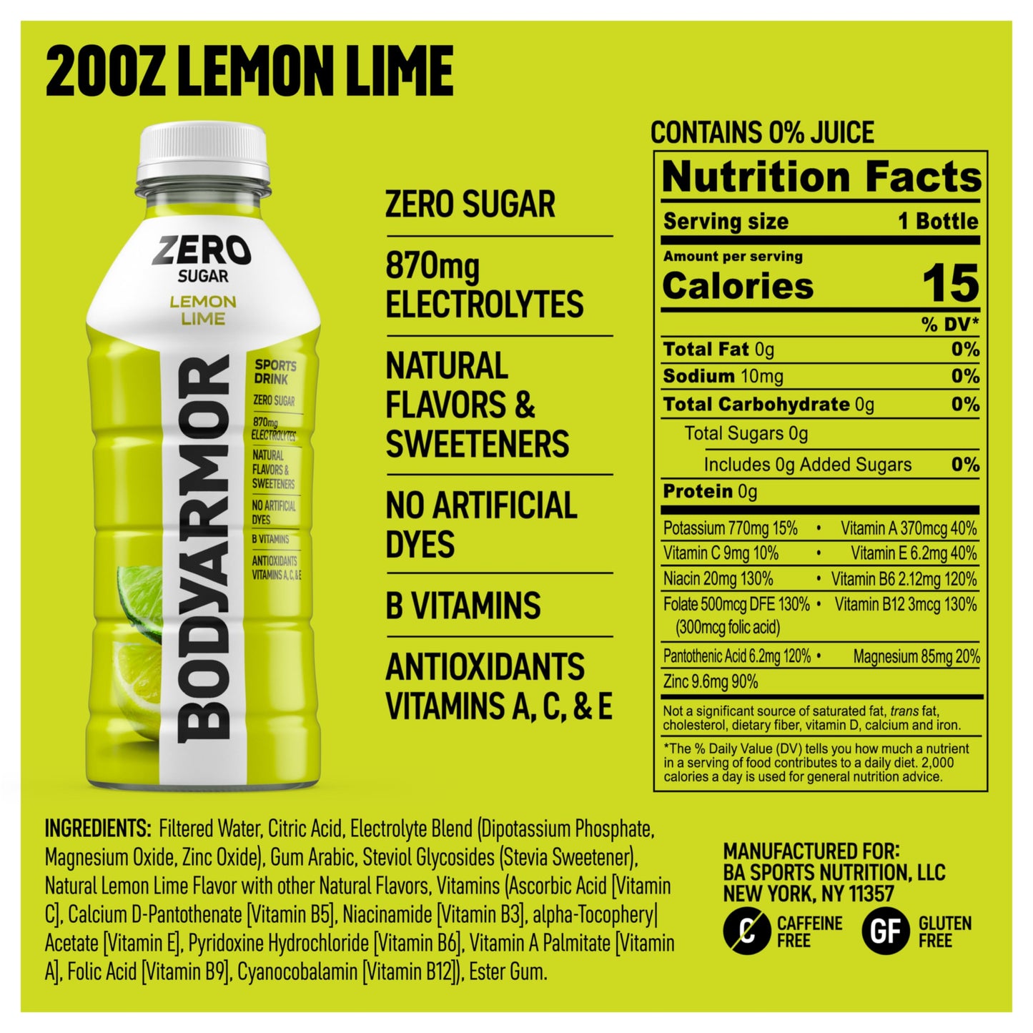 BODYARMOR ZERO Sugar Lemon Lime, Sugar Free Sports Drink - Low-Calorie Hydration - Natural Flavors with Potassium Packed Electrolytes, Antioxidants