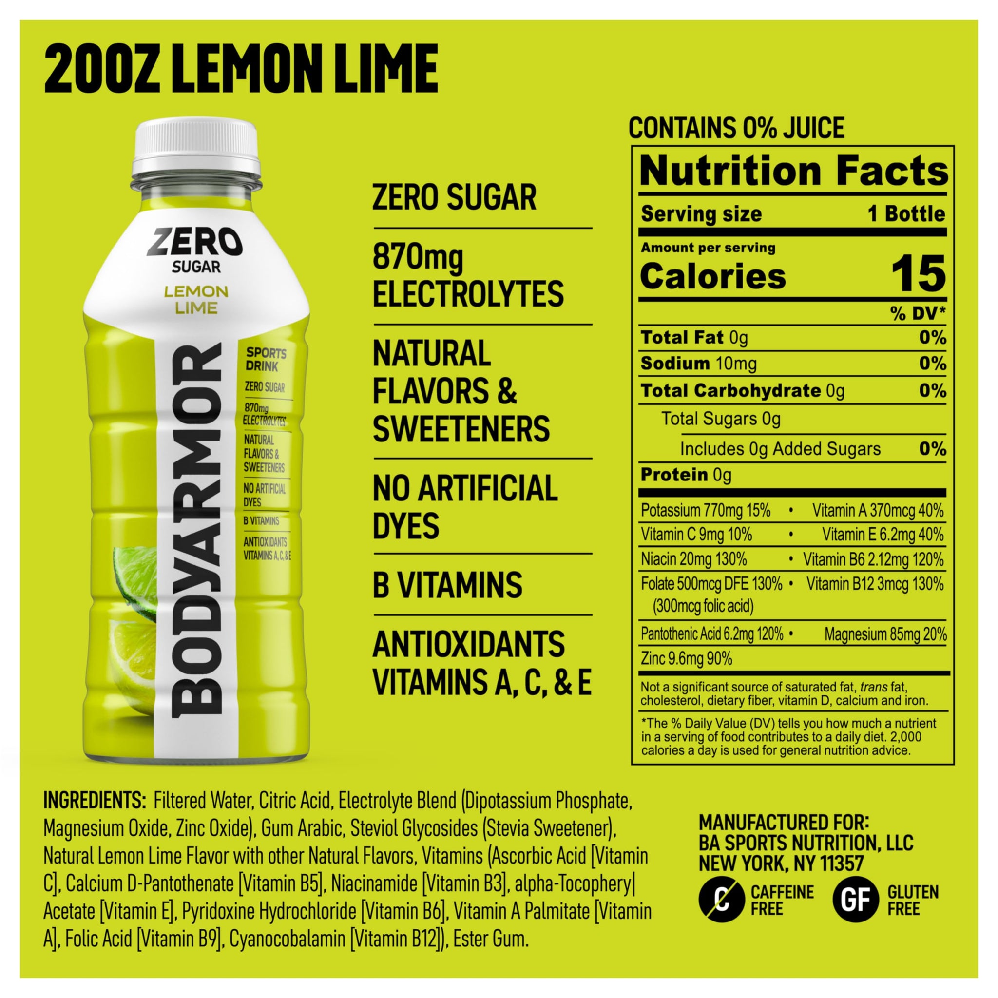 BODYARMOR ZERO Sugar Lemon Lime, Sugar Free Sports Drink - Low-Calorie Hydration - Natural Flavors with Potassium Packed Electrolytes, Antioxidants