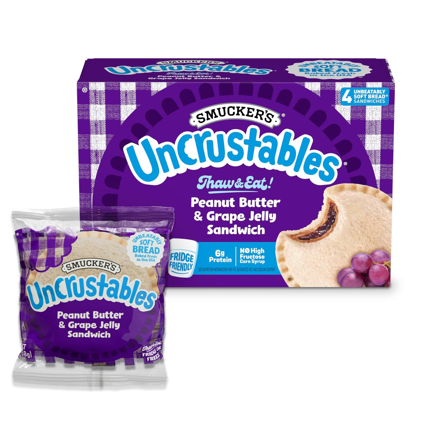 Smucker’s Uncrustables Peanut Butter & Grape Jelly Sandwiches, 4 Count, 2 Oz. Each, Frozen