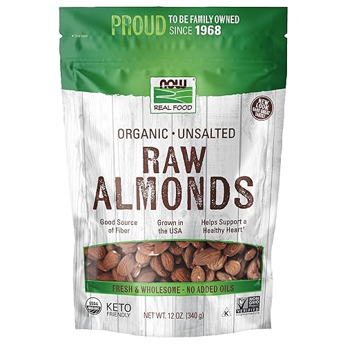 NOW Foods, Certified Organic Almonds, Raw and Unsalted, Good Source of Protein and Fiber, Grown in the USA, Certified Non-GMO, 12-Ounce (Packaging May