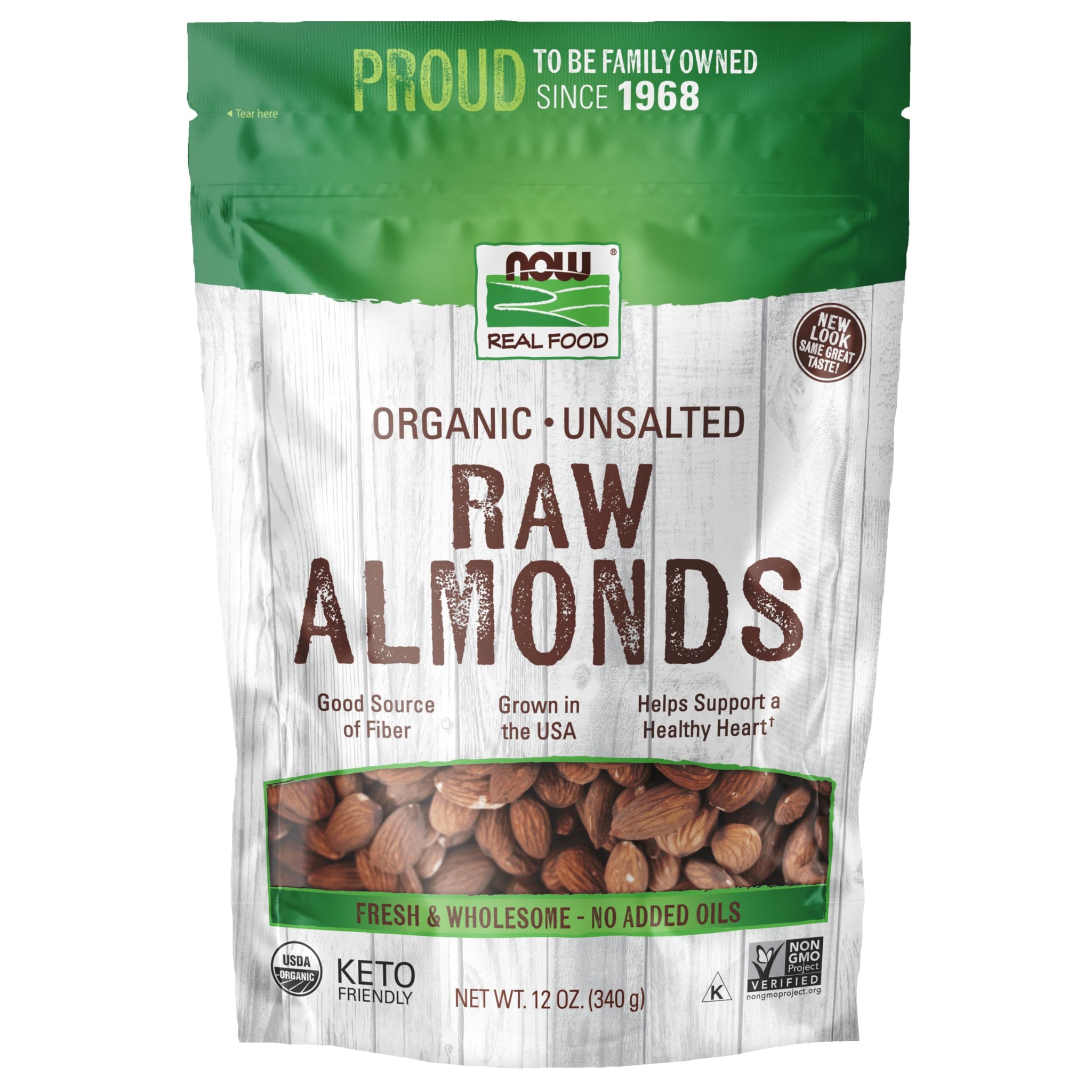 NOW Foods, Certified Organic Almonds, Raw and Unsalted, Good Source of Protein and Fiber, Grown in the USA, Certified Non-GMO, 12-Ounce (Packaging May