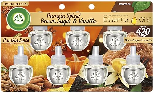 Air Wick Plug in Scented Oil Refill, 7ct, Pumpkin + Brown Sugar Mixed Pack, Fall Scent, Essential Oils, Air Freshener