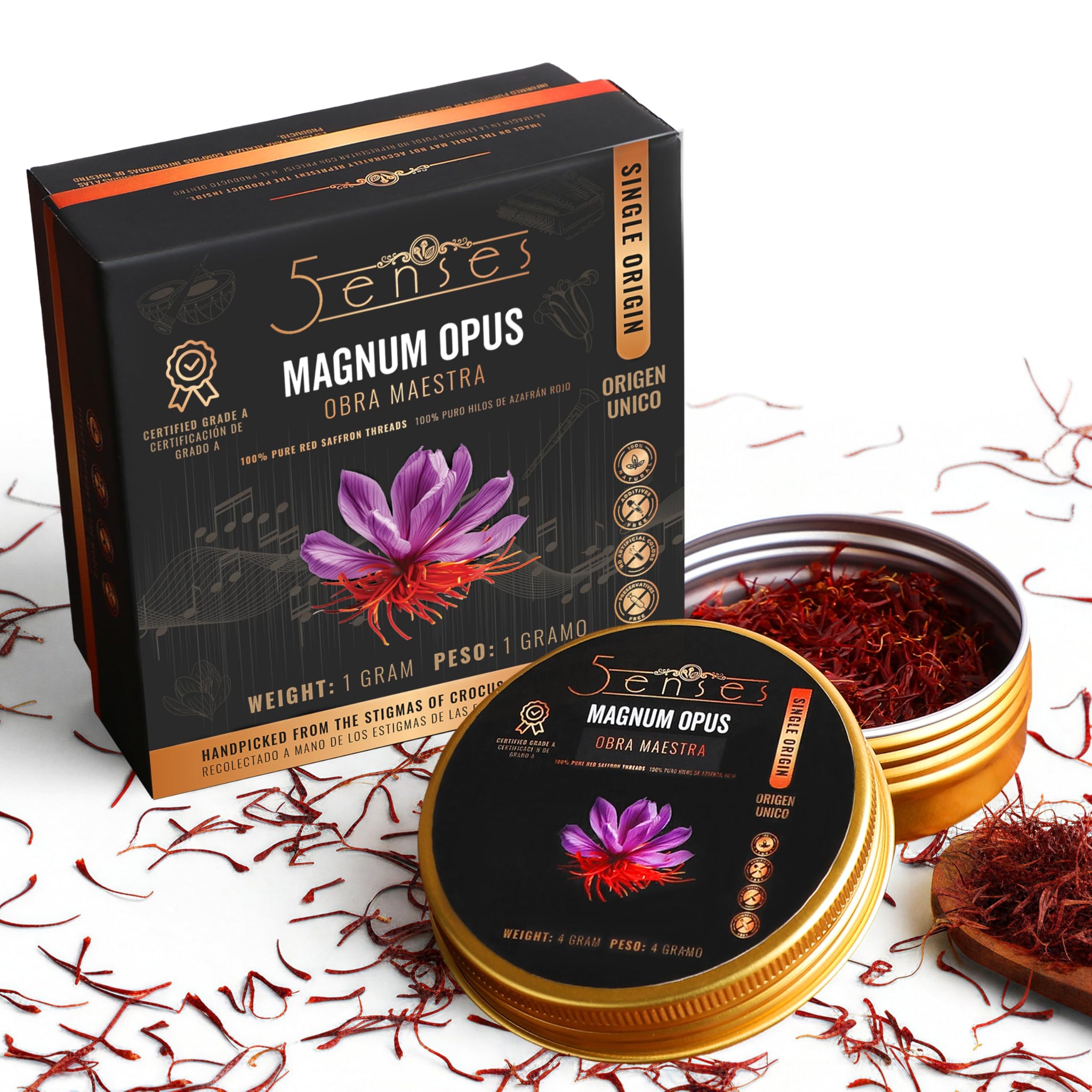5Senses Kashmir Mongra Saffron | Azafran | Magnum Opus | Premium Grade A Saffron Threads | Whole Red Gold Spice | Single Origin, Non-GMO, Fairtrade