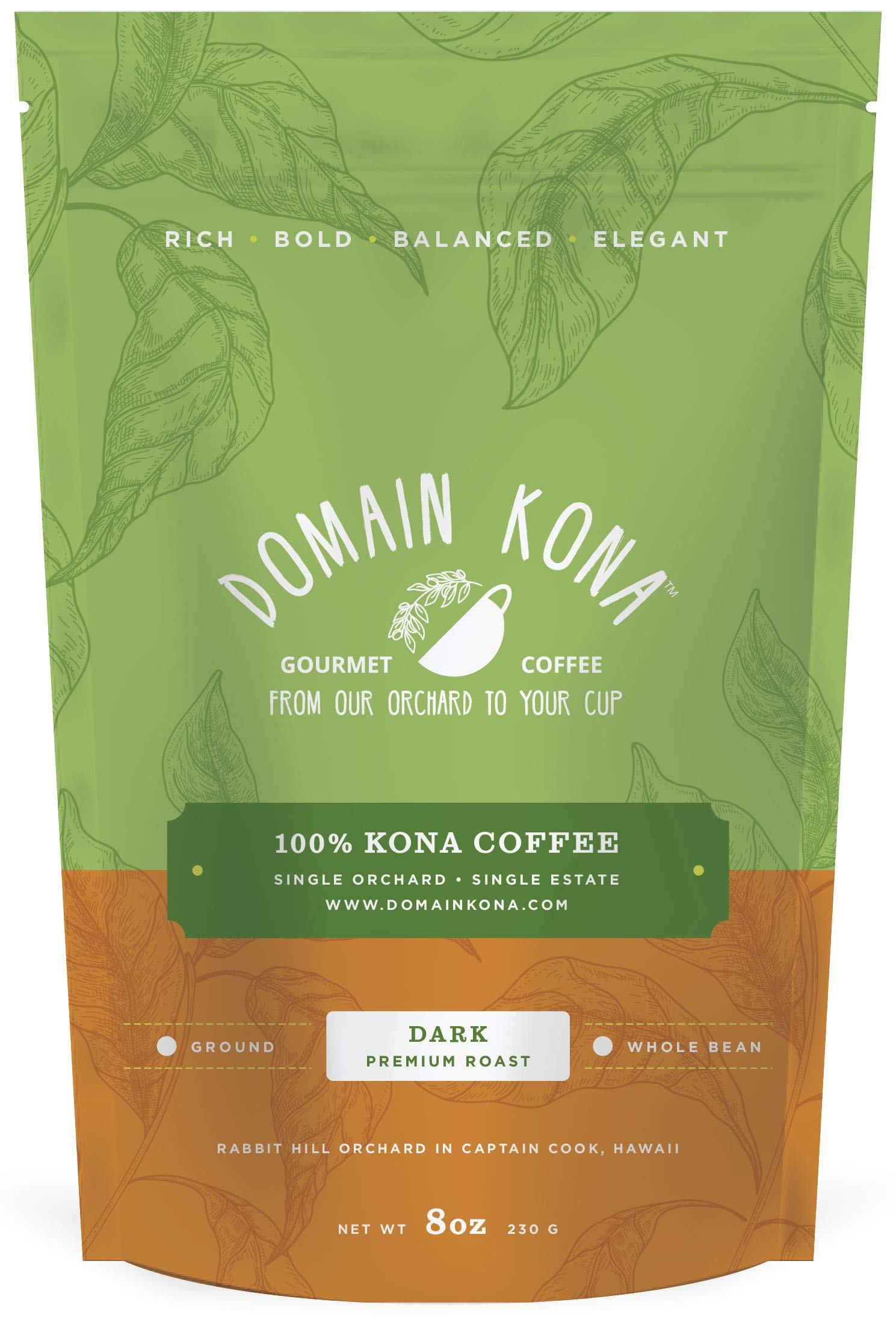 100% Kona Coffee - Whole Bean, Dark roast, Single estate gourmet coffee, 8 ounces, ships direct from Domain Kona Coffee, Farm fresh
