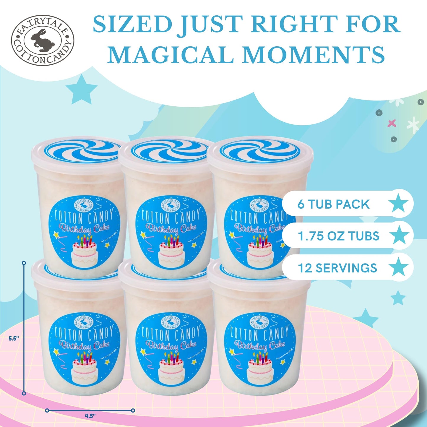 CHOCOLATE STORYBOOK Cotton Candy - Unique Idea for Holidays, Birthdays, Gag Gifts, Party Favors (Birthday Cake, 1.75 oz each, 6-Pack)