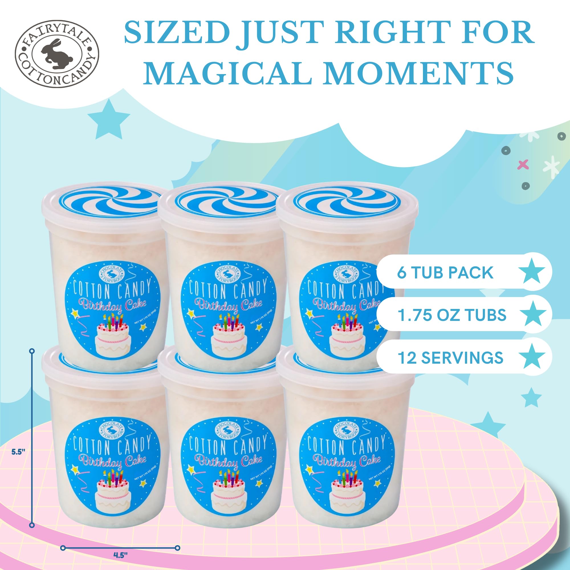 CHOCOLATE STORYBOOK Cotton Candy - Unique Idea for Holidays, Birthdays, Gag Gifts, Party Favors (Birthday Cake, 1.75 oz each, 6-Pack)