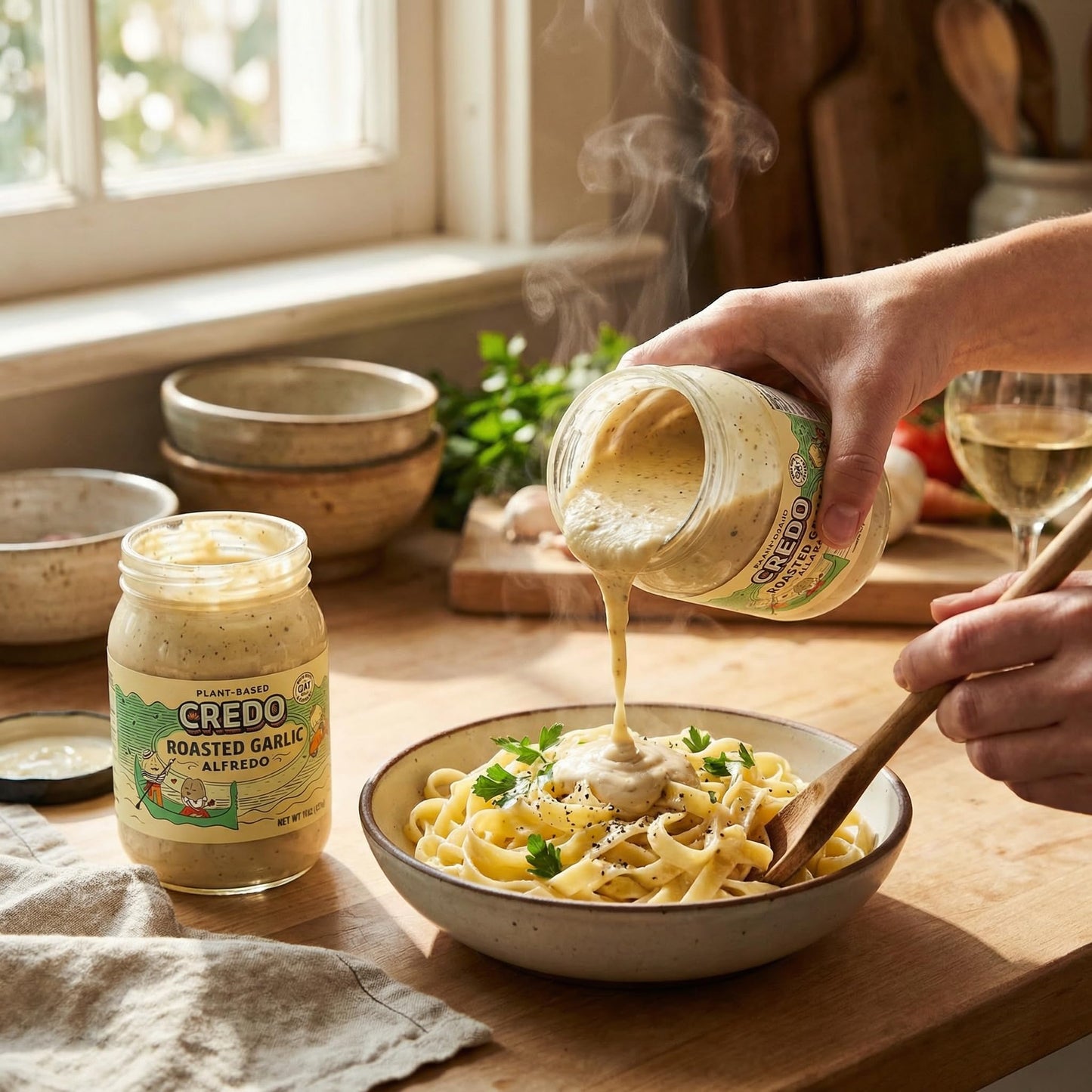 Credo Foods Sauce Roasted Garlic Alfredo 15 oz - Pasta Sauce for Fettuccine and Pantry Staples - Creamy Garlic for Cheese Dip and Nacho Style Dishes