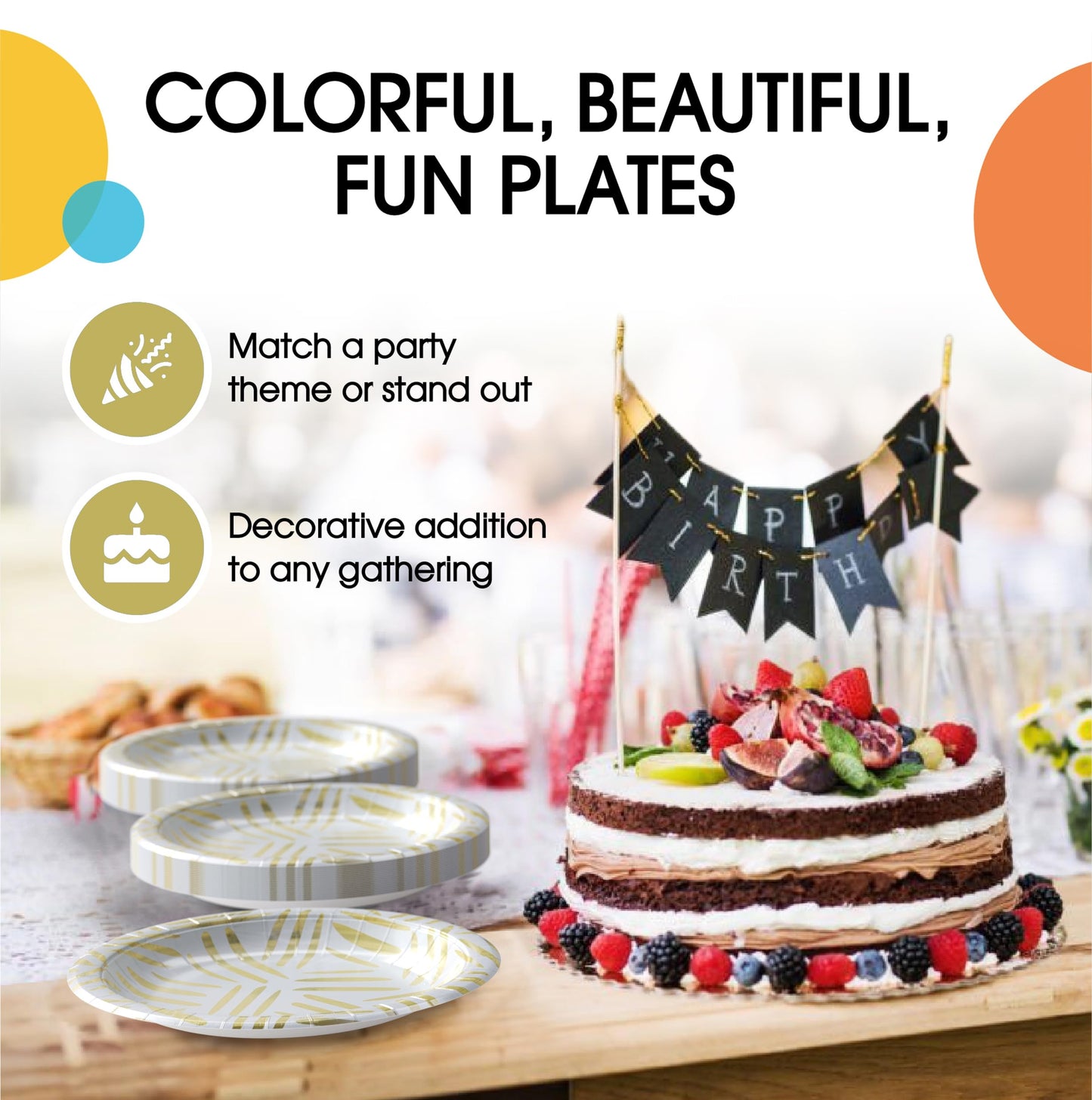 Party Solids Gold Motif Paper Plates Disposable Heavy Duty 10 Inch White and Gold Paper Plates for Party 96 Pcs Heavy Duty 350 GSM, Birthday Supplies