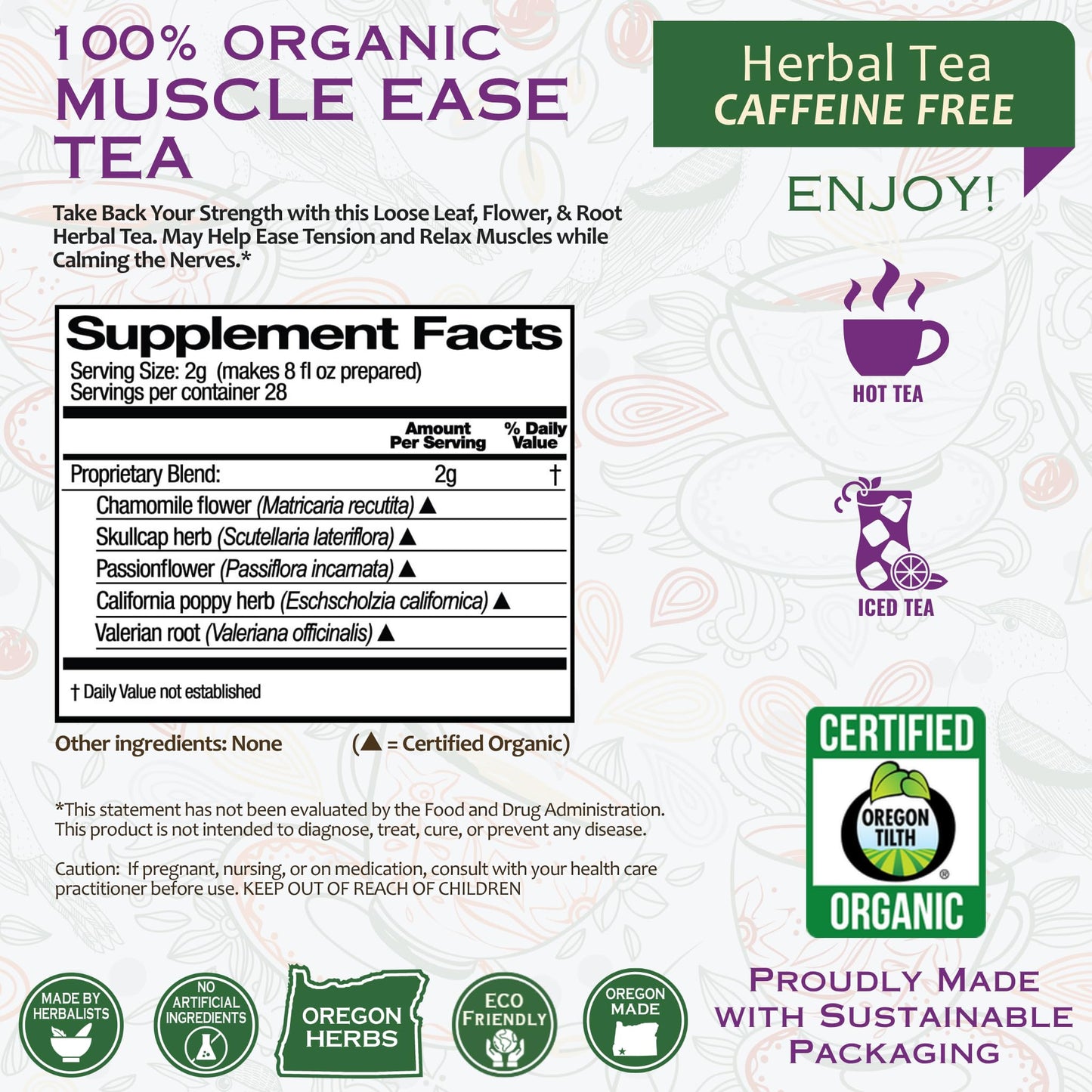 Sun God Medicinals Organic Hercules Herbal Tea - Muscle Support - Caffine Free, Brew Hot or Iced (2 oz Loose Leaf, 28 Servings)