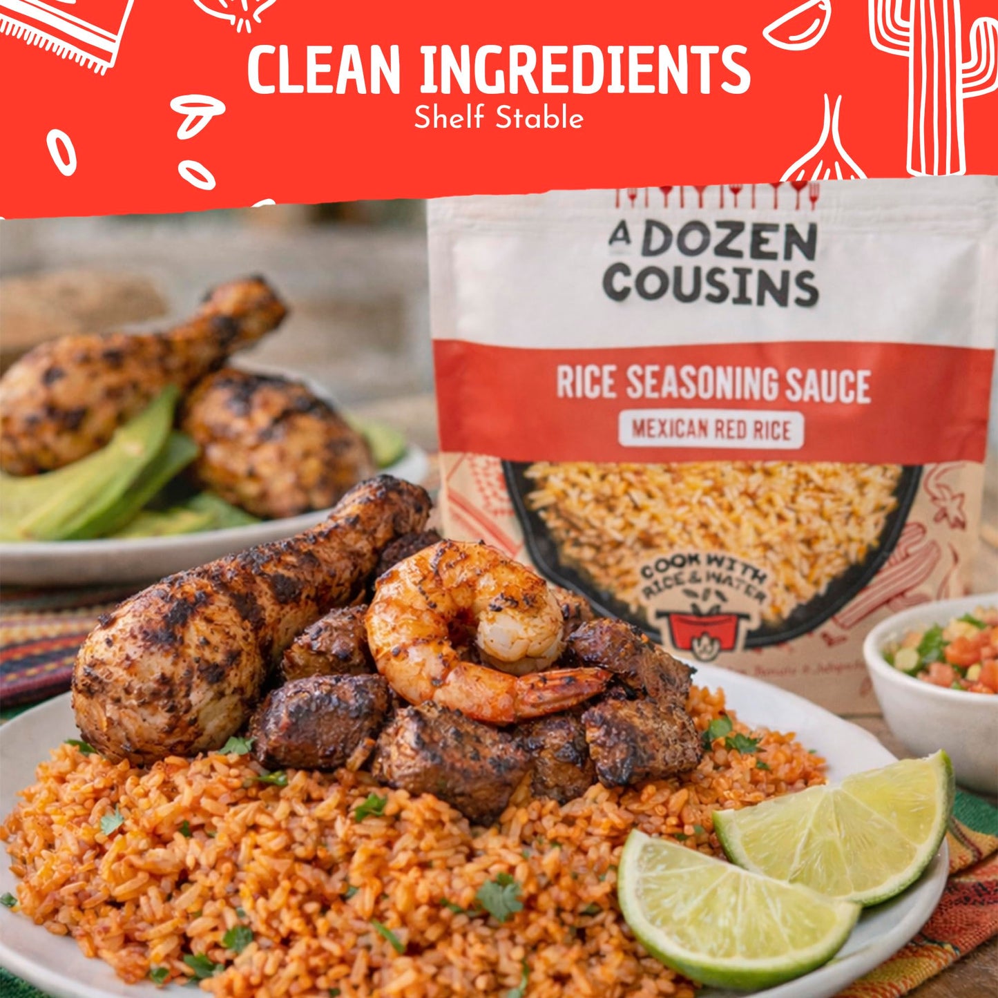 A Dozen Cousins Mexican Rice Seasoning Sauce (10 Pack), Pour & Mix Red Rice Starter with Tomato, Onion, Garlic & Jalapeño, Avocado Oil, Gluten Free