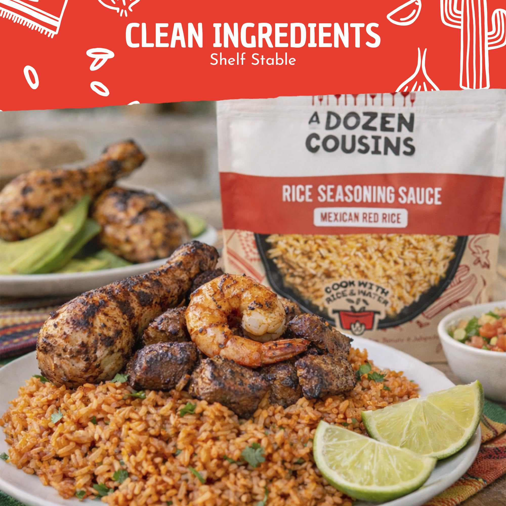 A Dozen Cousins Mexican Rice Seasoning Sauce (10 Pack), Pour & Mix Red Rice Starter with Tomato, Onion, Garlic & Jalapeño, Avocado Oil, Gluten Free