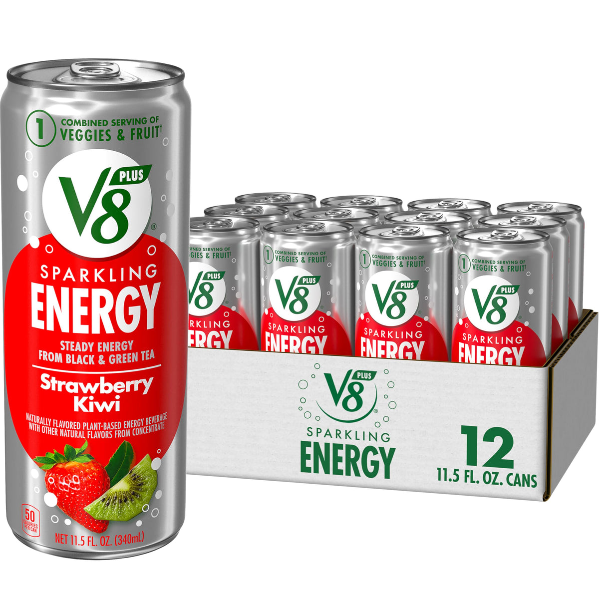 V8 +SPARKLING ENERGY Strawberry Kiwi Energy Drink, Made With Real Vegetable And Fruit Juices, 11.5 FL OZ Can (Pack Of 12)