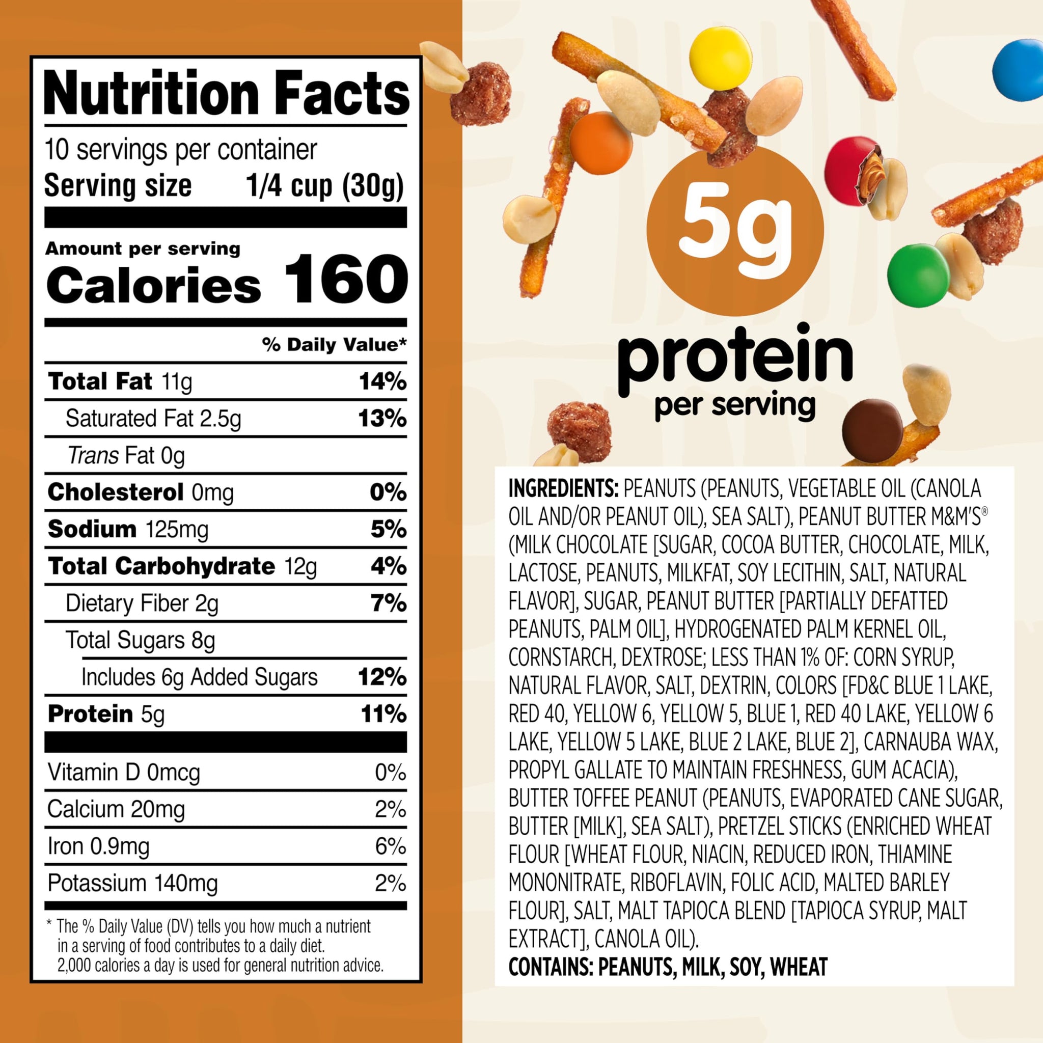 Snak Club Peanut Butter Chocolate Trail Mix with Peanuts, Peanut Butter M&M’S, Toffee Peanuts, and Pretzels, 11 oz Resealable Bags, 3 Pack