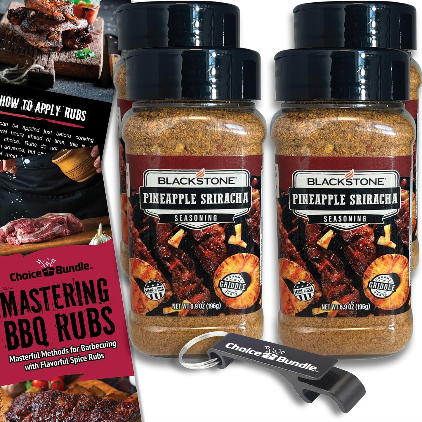 Blackstone Pineapple Sriracha Seasoning - Gourmet Griddle Premium Barbecue Rub 4 Pk (27.6 oz) + BBQ Masters & Opener (6 Items)!