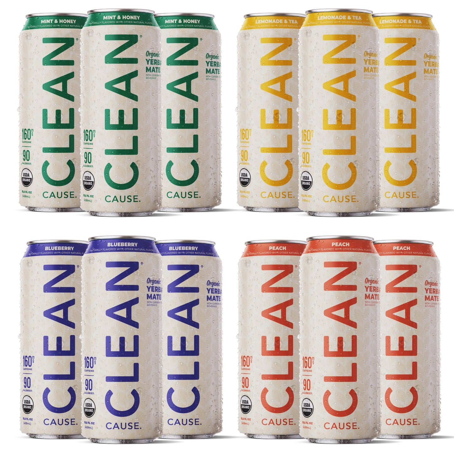 NEW! CLEAN Cause Variety Pack Organic Yerba Mate Tea (15.5oz cans, 12-Pack Case, 4 flavors) Non-Carbonated, 160mg Caffeine