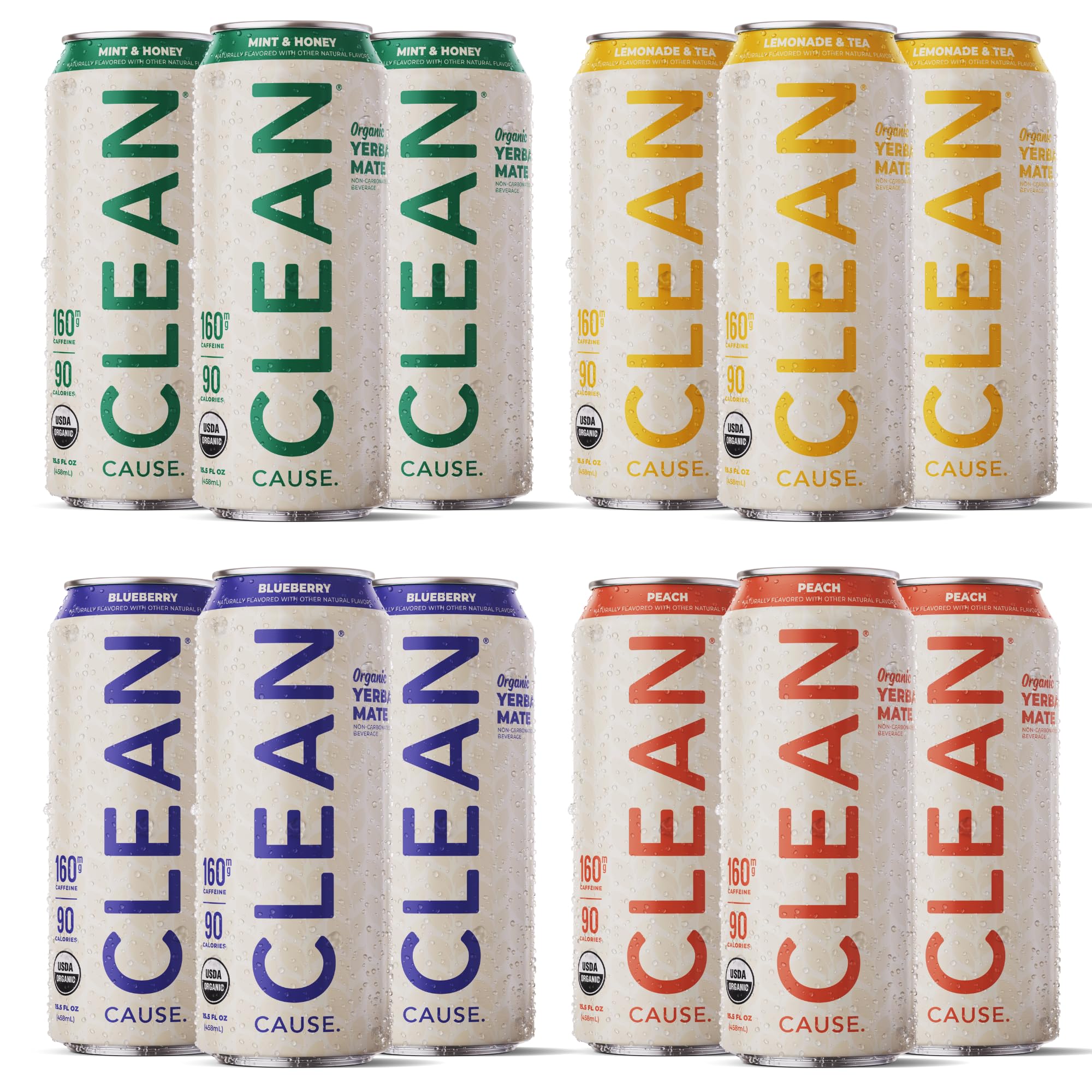 NEW! CLEAN Cause Variety Pack Organic Yerba Mate Tea (15.5oz cans, 12-Pack Case, 4 flavors) Non-Carbonated, 160mg Caffeine