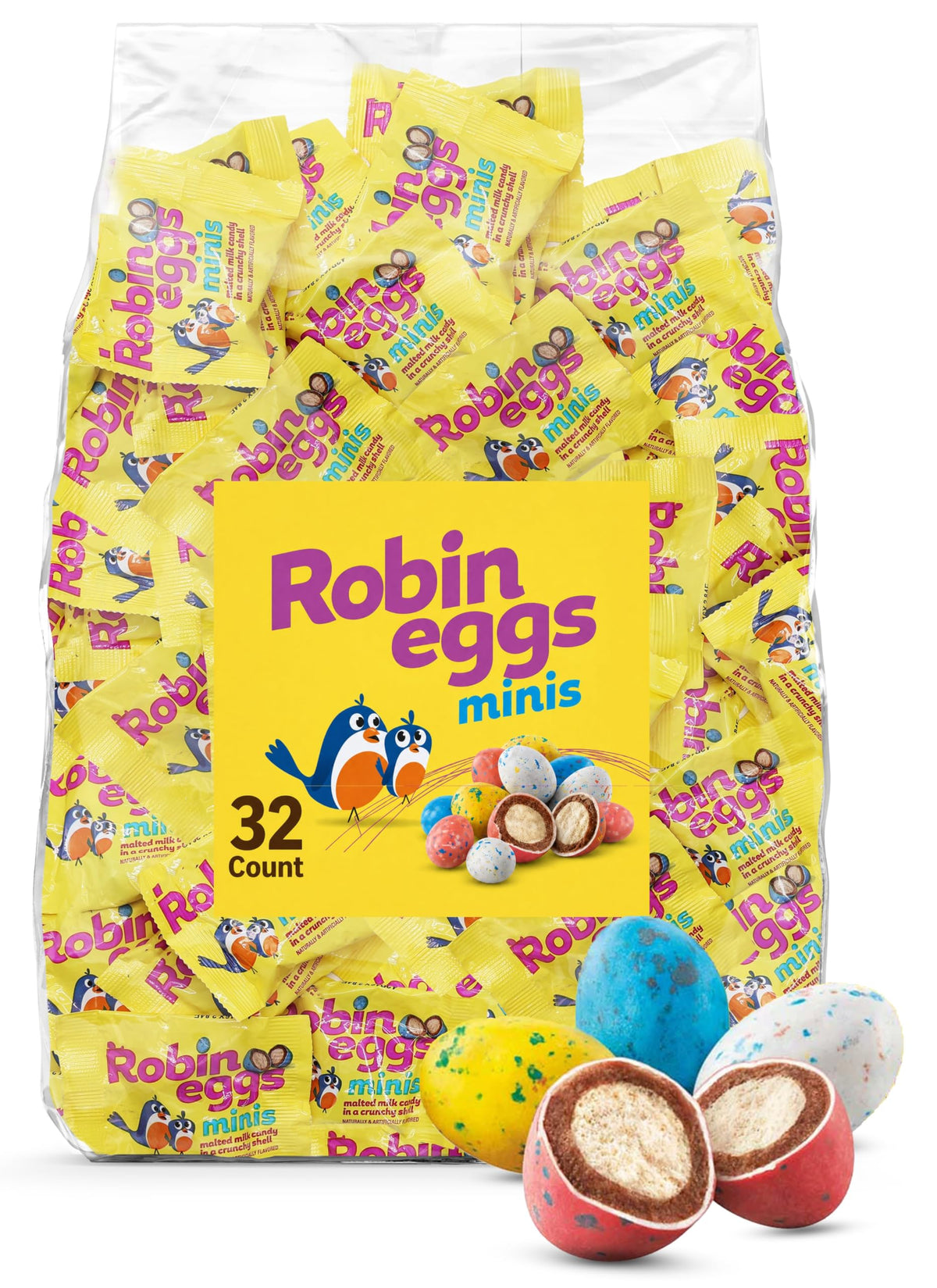 32 Count Robin Eggs Snack Size Packs - Individually Wrapped Mini Chocolate Eggs with Crunchy Malt Center - Pastel Candy for Candy Bowls, Parties,