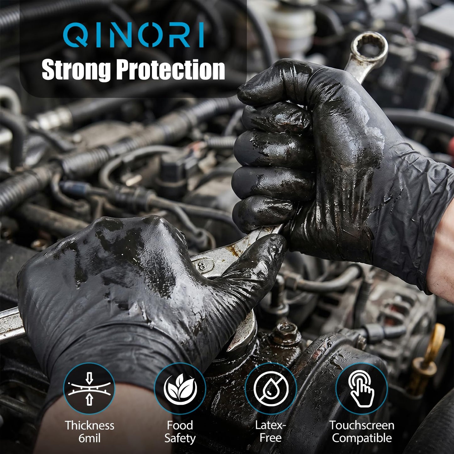 Qinori Black 6 Mil Nitrile Gloves HEAVY DUTY Disposable Chemical Resistant Latex & Powder Free,Food, Mechanic,Cleaning Gloves (XL-100)