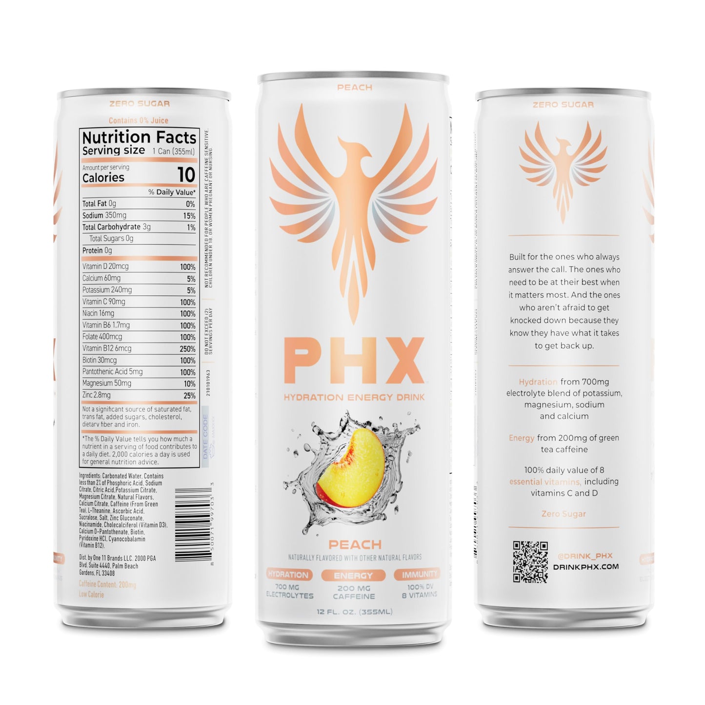 PHX Hydration Energy Drink - 700mg Electrolytes, 200mg Natural Green Tea Caffeine, 100% Daily Value 8 Essential Vitamins - 12 oz Cans (12 Pack) (12