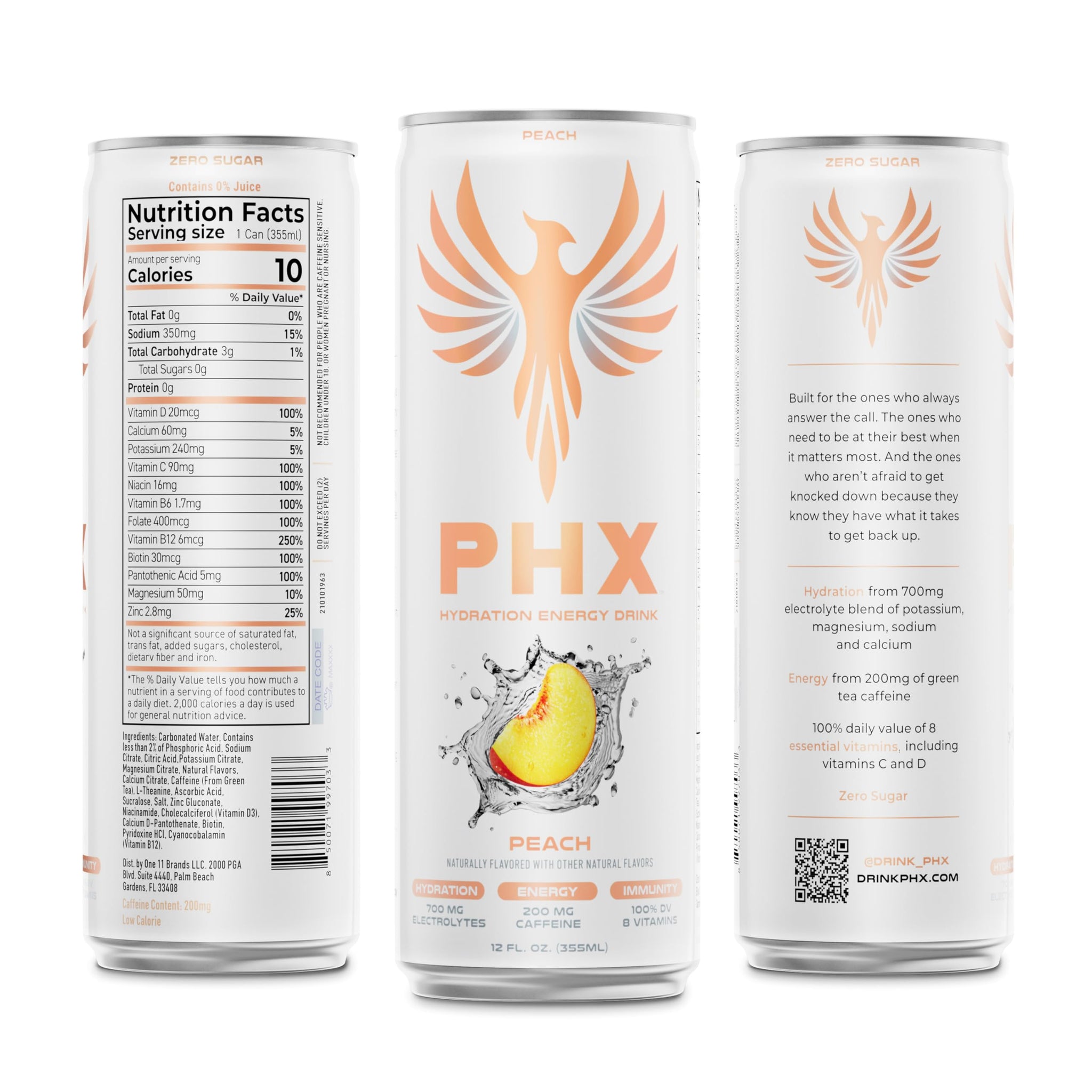 PHX Hydration Energy Drink - 700mg Electrolytes, 200mg Natural Green Tea Caffeine, 100% Daily Value 8 Essential Vitamins - 12 oz Cans (12 Pack) (12