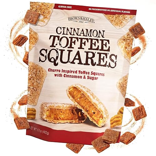 Brown & Haley Cinnamon Toffee Squares - 17oz Bag - Churro Inspired English Toffee Candy with Cinnamon, Sugar & Sea Salt - Gourmet Candy for Gifting