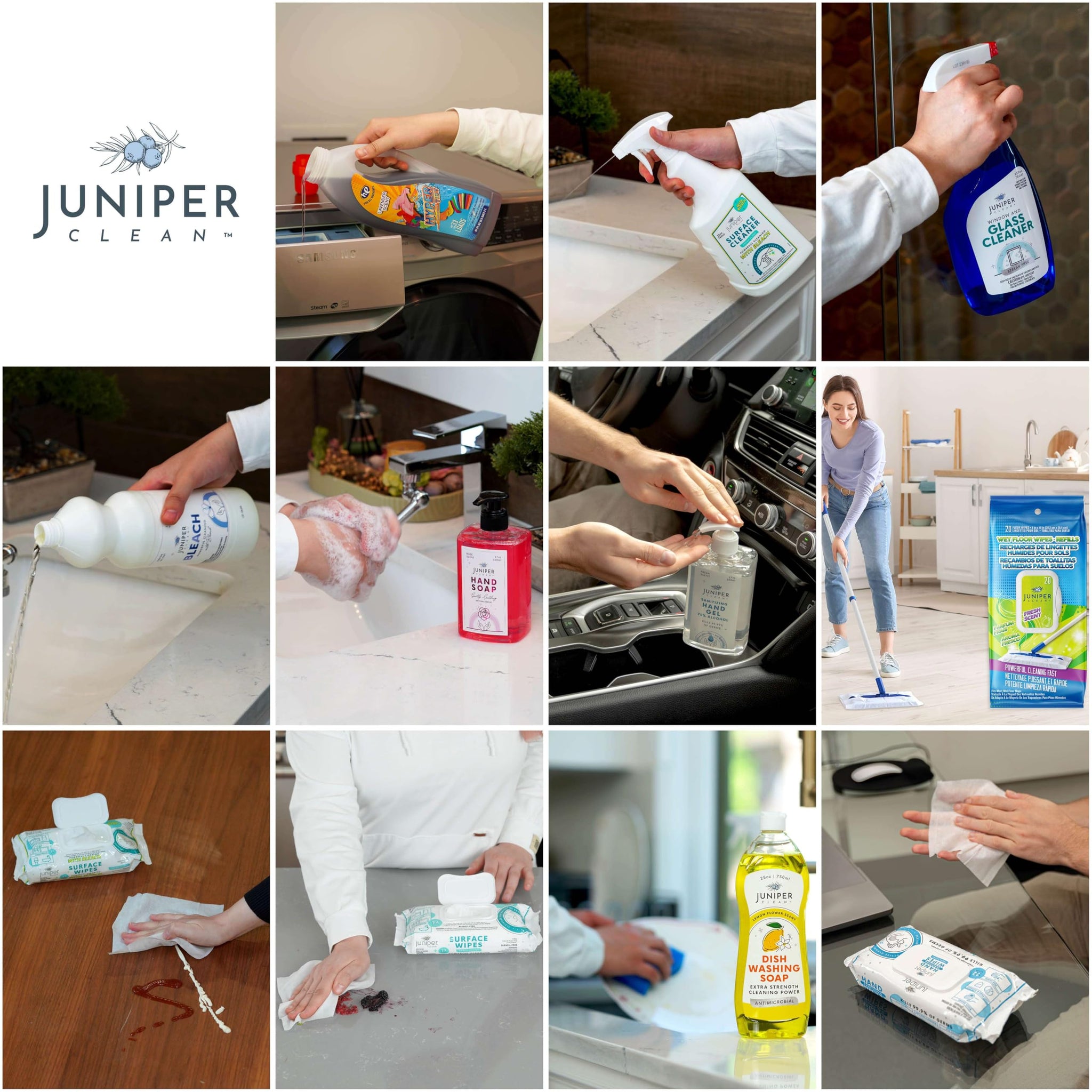 Juniper CLEAN, Luxury Cleaning, Supplies Kit, All In One Household Cleaning Essentials Set with Surface-Floor-Hand Cleaners, Laundry Detergent, Dish