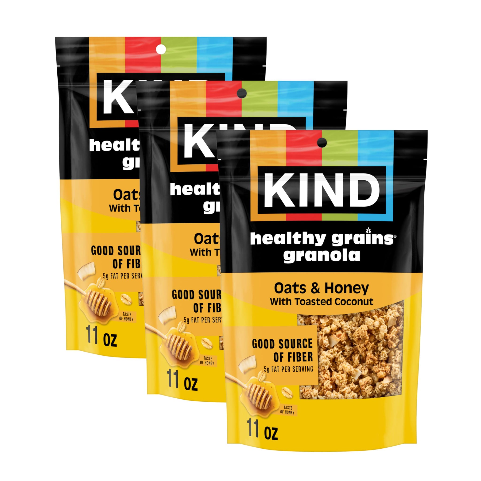 Kind Healthy Grains Granola, Oats & Honey Clusters with Toasted Coconut, Gluten Free, Healthy Snack Mix, 5g Protein, 11oz, 3 Count