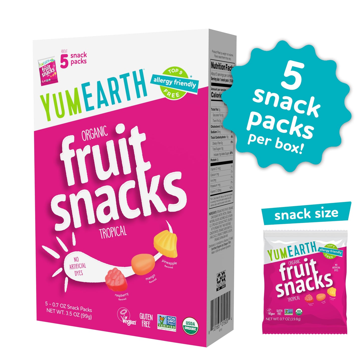 YumEarth Organic Assorted Tropical Flavor Fruit Snacks - Allergy Friendly (Top 9 Free), No Artificial Dyes, Non GMO, Gluten Free, Vegan Candy Snacks