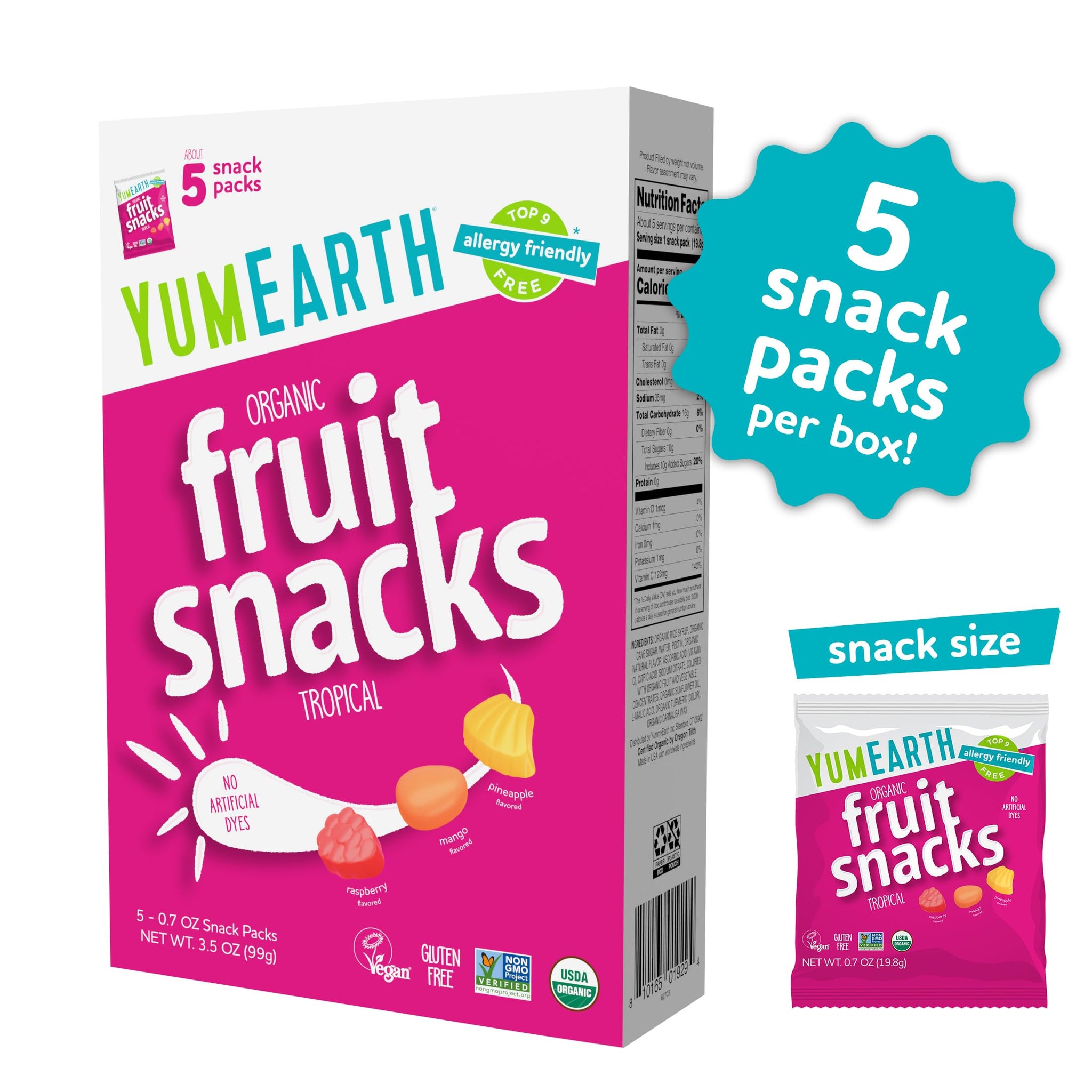 YumEarth Organic Assorted Tropical Flavor Fruit Snacks - Allergy Friendly (Top 9 Free), No Artificial Dyes, Non GMO, Gluten Free, Vegan Candy Snacks