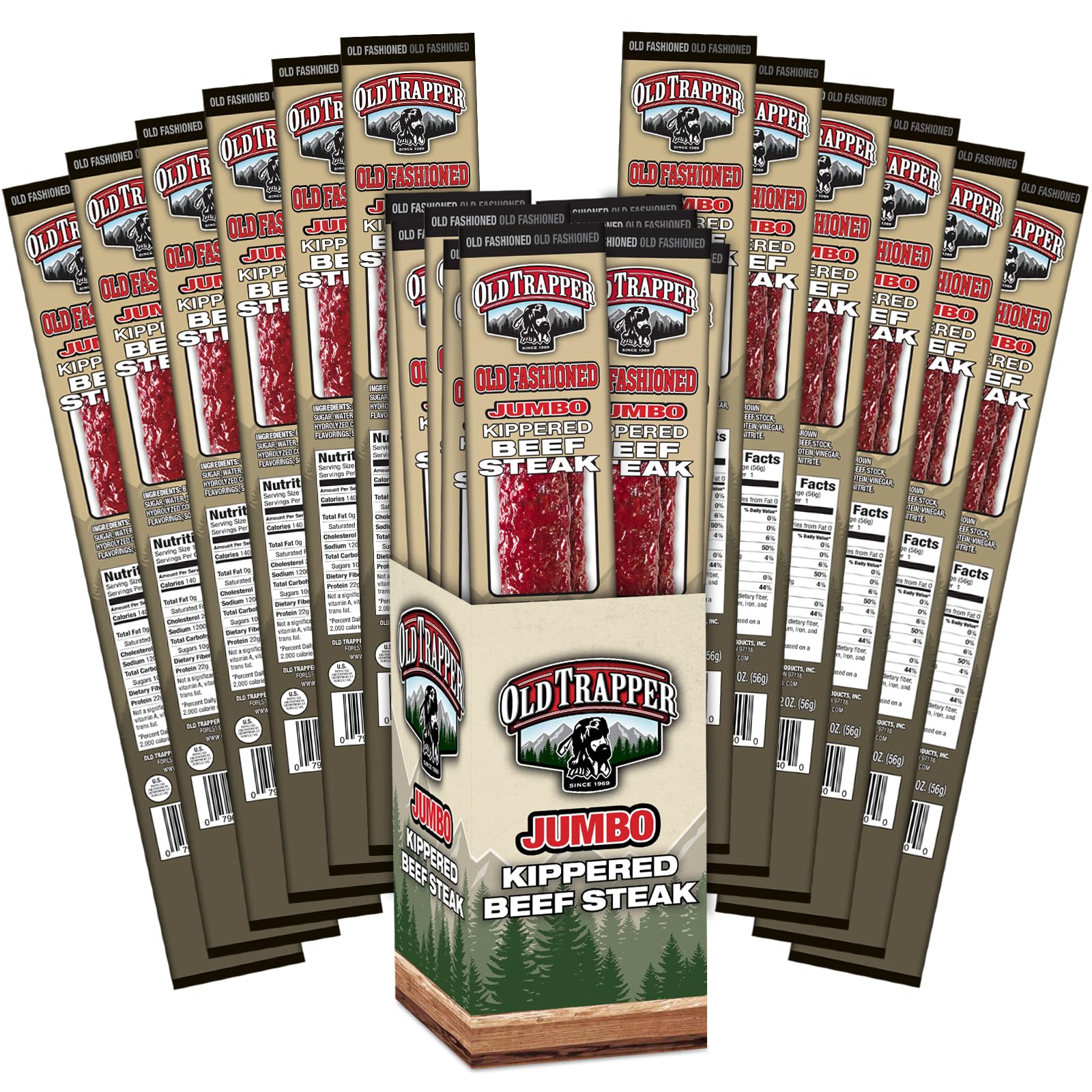Old Trapper Kippered Steak, Old-Fashioned Flavor, Two-Ounce Individually Wrapped Packages, Savory Meat Snack for Between Meal Bites, 22 Grams