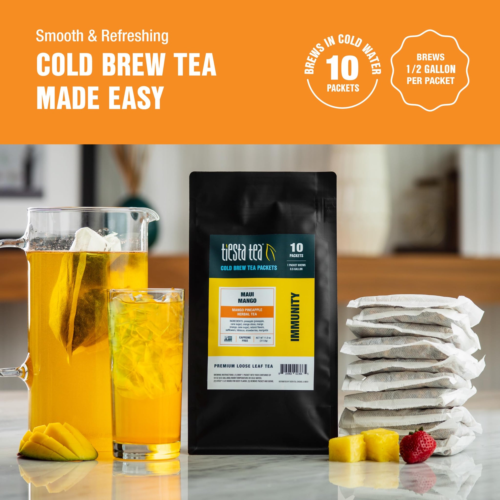 Tiesta Tea - Maui Mango Cold Brew, Loose Leaf, Mango Pineapple Herbal Tea, Premium Non-Caffeinated Blend, Cold Brew Packets, Makes 64oz Pitcher Per