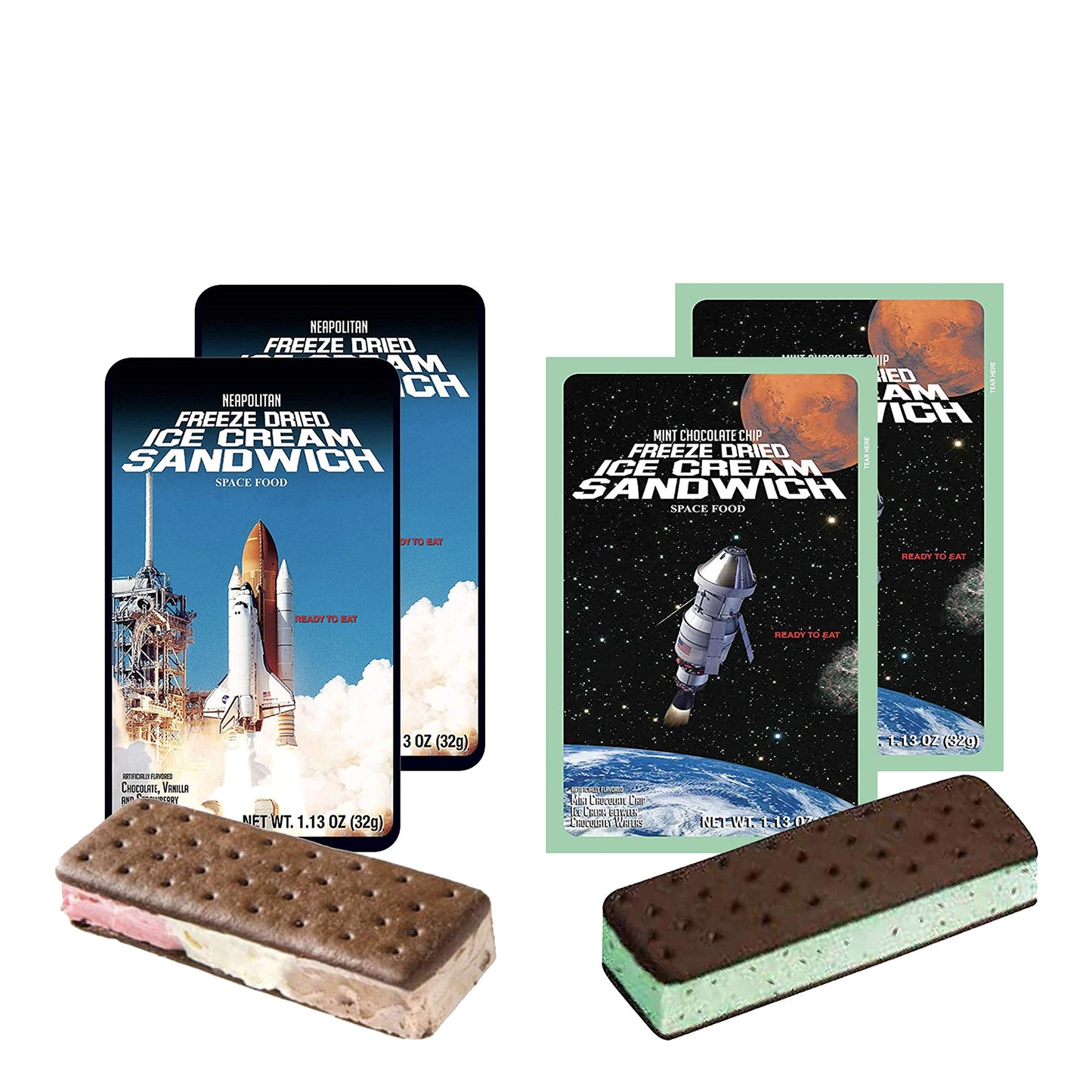 LuvyDuvy Freeze-Dried 2 Neapolitan Ice Cream Sandwiches (Chocolate-Vanilla-Strawberry) & 2 Mint Chocolate Chip | 4 Pack Total