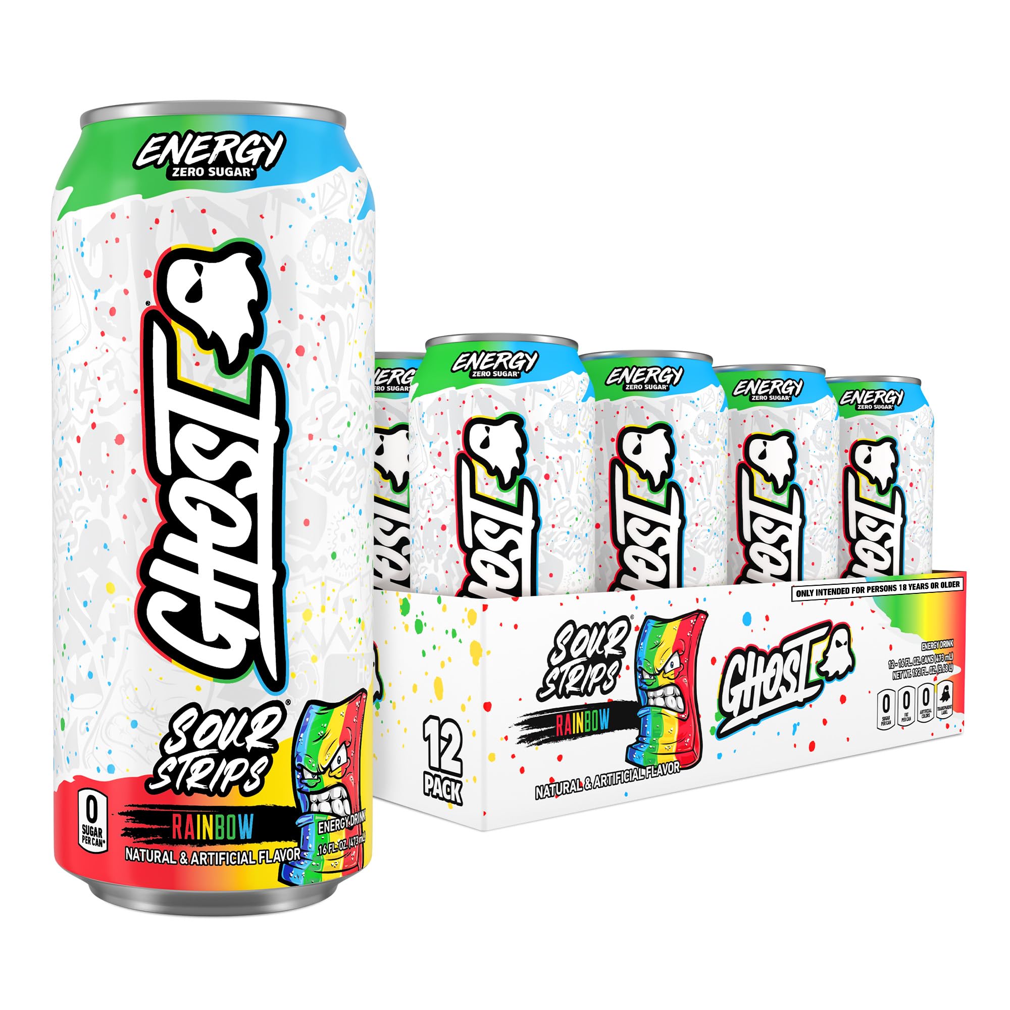 GHOST Energy Drink - 12-Pack, Sour Strips Rainbow, 16oz Cans - Energy & Focus & No Artificial Colors - 200mg of Natural Caffeine, L-Carnitine