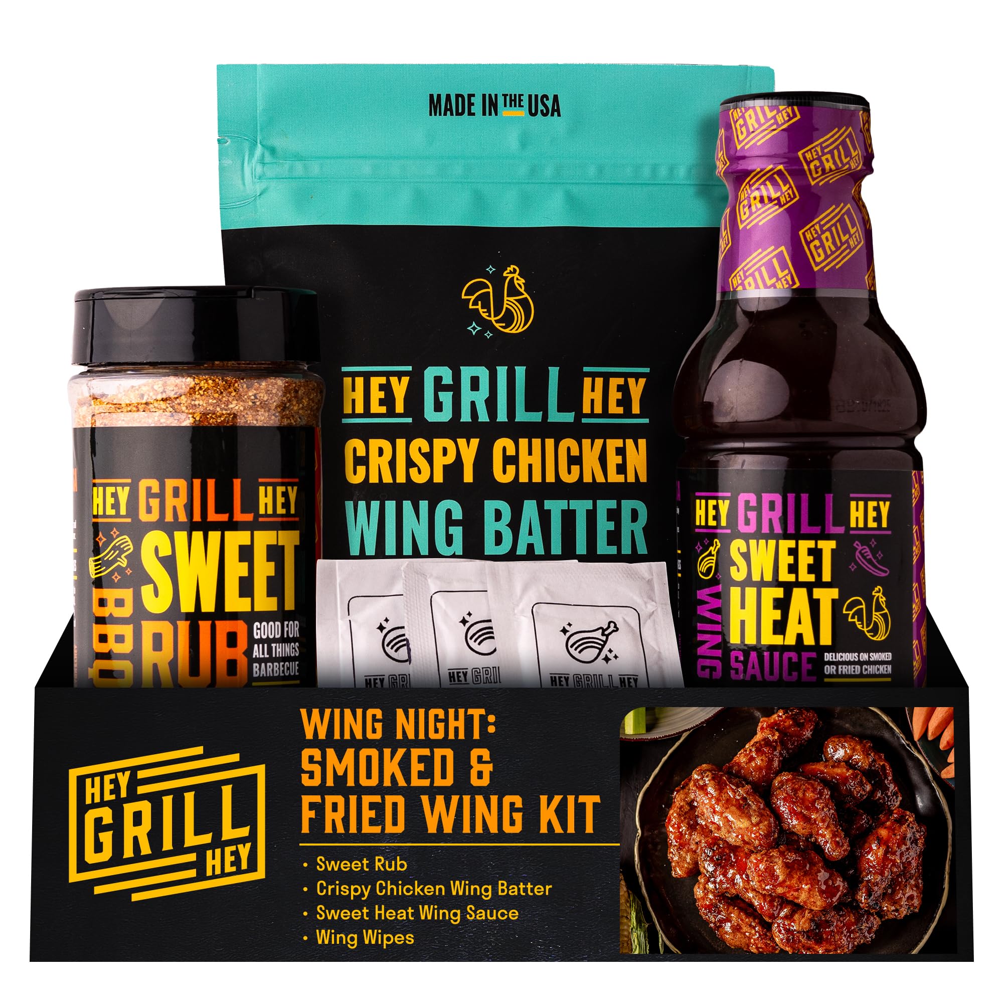 Hey Grill Hey | Chicken Wing Seasoning & Sauce Kit | All-in-one Crispy Batter, BBQ Rub, and Sweet Heat BBQ Sauce | Wing Night: Smoked & Fried Wing Kit