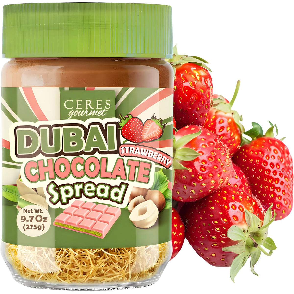 Dubai Spreadable Chocolate with Freeze-Dried Strawberry - Pistachio Spread with Roasted Phyllo - Gourmet Breakfast Chocolate, 275g / 9.7 oz