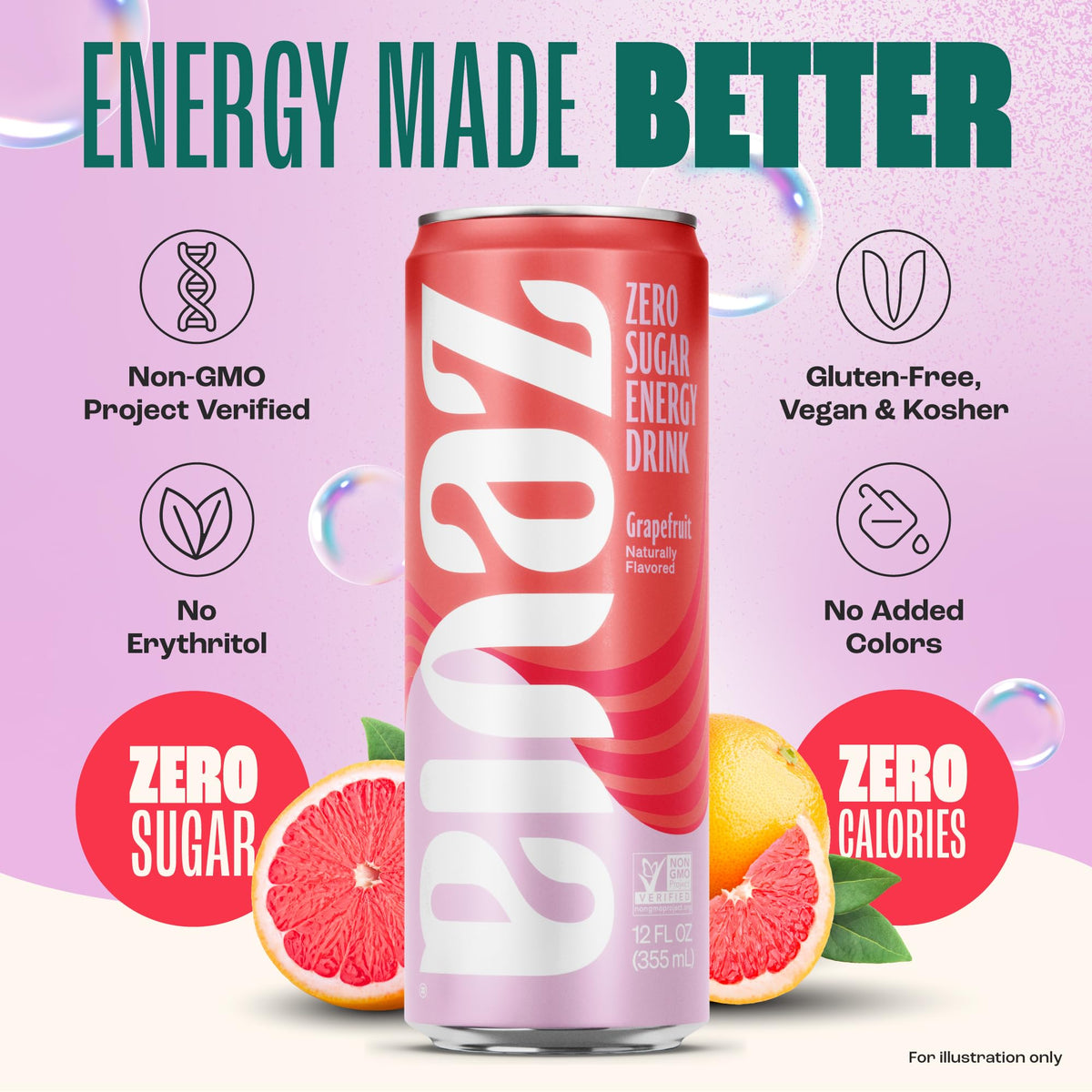Zevia Zero Sugar Energy Drink, Grapefruit, 12 oz Cans (12-Pack) - Naturally Sweetened, Non-GMO Project Verified, Gluten-Free, Vegan