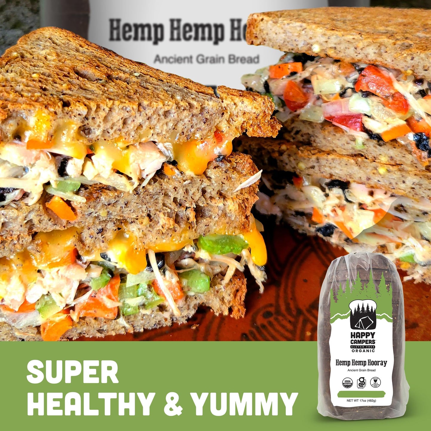 Happy Campers Hemp Hemp Hooray Gluten Free Bread, Multi-Grain, Non-GMO, Vegan, Organic, 17.4 oz Loaf (Pack of 4)