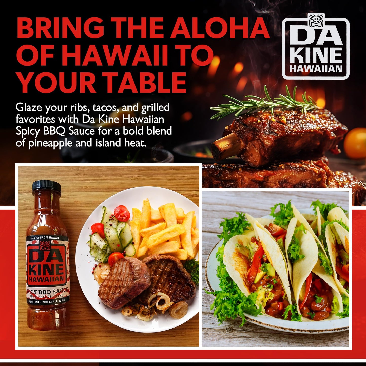 Da Kine Hawaiian Spicy BBQ Sauce - Sweet & Tangy Island Flavor - Made with Pineapple Juice - Gourmet Barbecue Sauce for Grilling, Marinades, Dipping