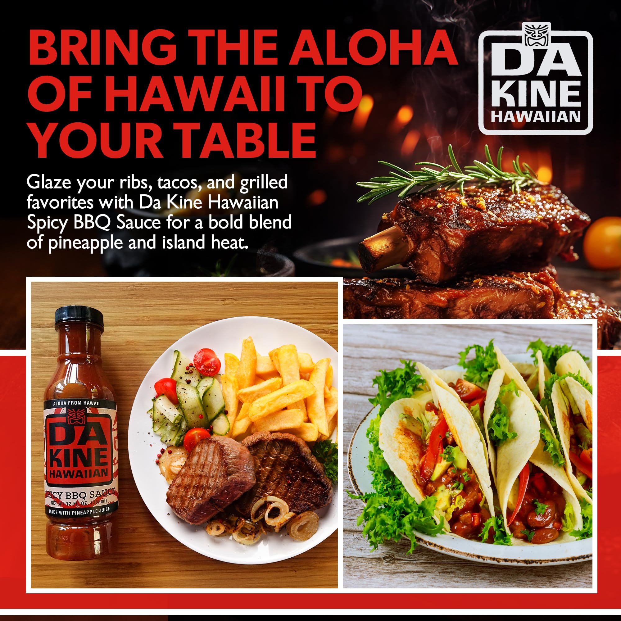 Da Kine Hawaiian Spicy BBQ Sauce - Sweet & Tangy Island Flavor - Made with Pineapple Juice - Gourmet Barbecue Sauce for Grilling, Marinades, Dipping