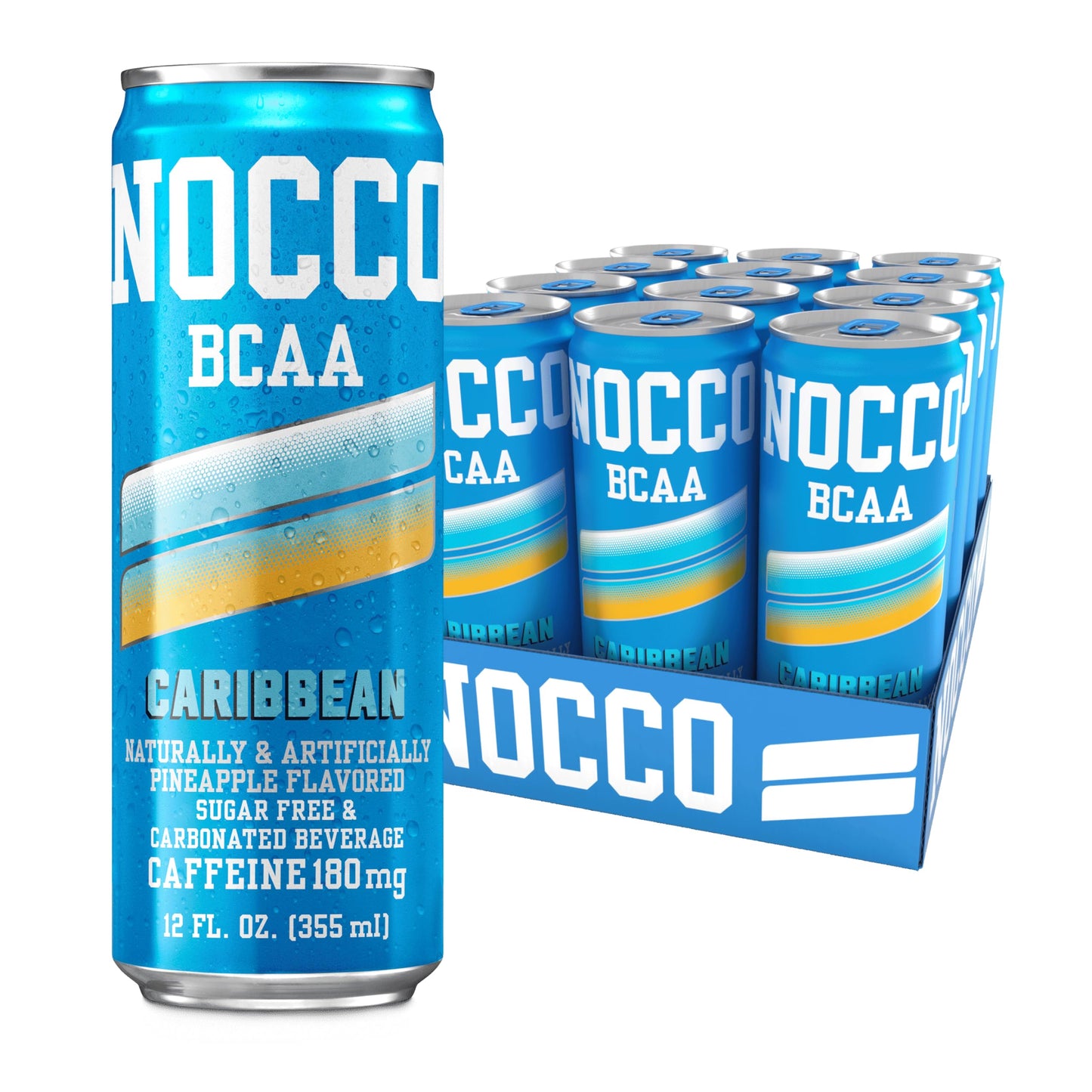 NOCCO Zero Sugar Energy Drink, Caribbean - 12 Fl Oz (Pack of 12) - 180mg Caffeine, Sugar Free with BCAAs - Branched Chain Amino Acids, Carbonated