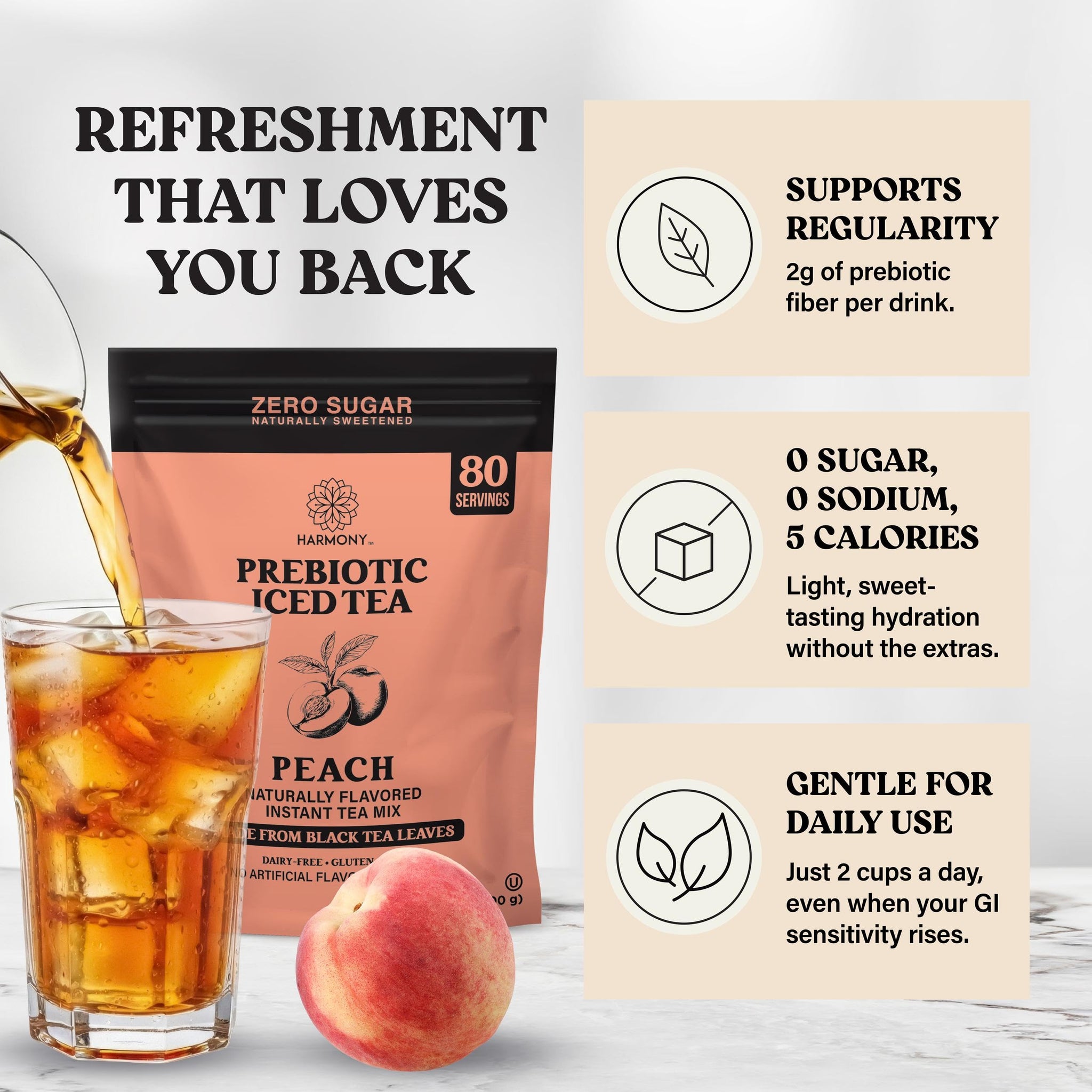 Harmony Matcha Prebiotic Black Tea Peach Flavor - Iced Tea Drink Mix with Plant Fiber for Gut Health, Gluten Free, Caffeinated, Zero Sugar, 7oz Bag