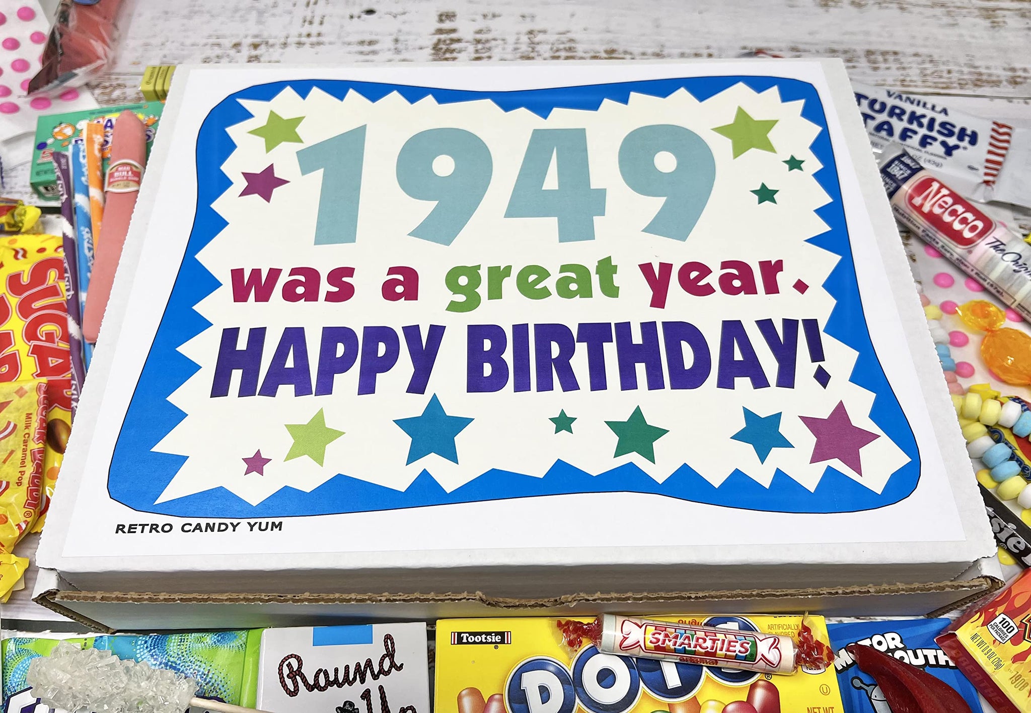 RETRO CANDY YUM ~ 1949 77th Birthday Gift Box of Nostalgic Candy Assortment from Childhood for 77 Year Old Man or Woman Born 1949