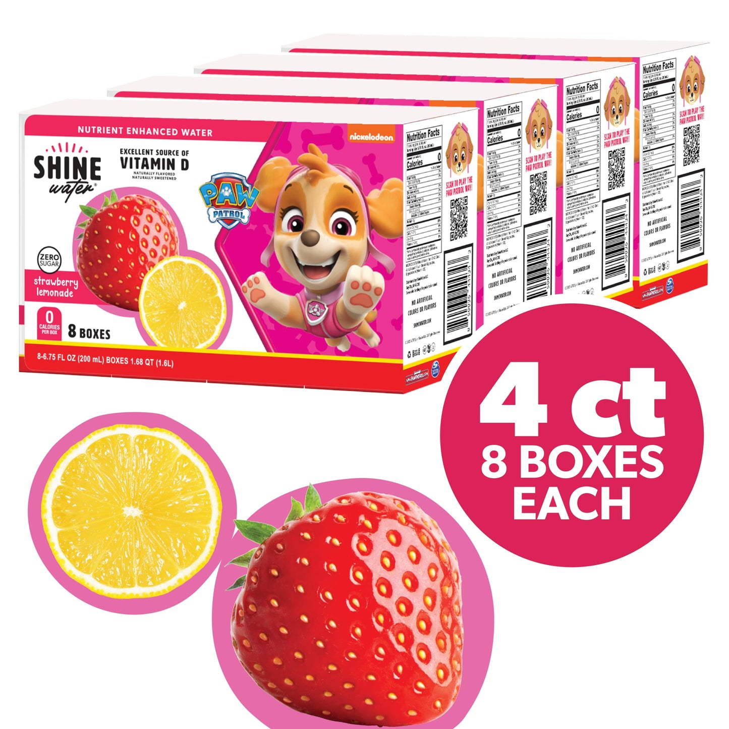 Shine Water Strawberry Lemonade Kids Drink Box- Pack of 8 (6.75 Fl Oz Each) - Naturally Flavored Water with Vitamin D, Zero Sugar, Low Calorie