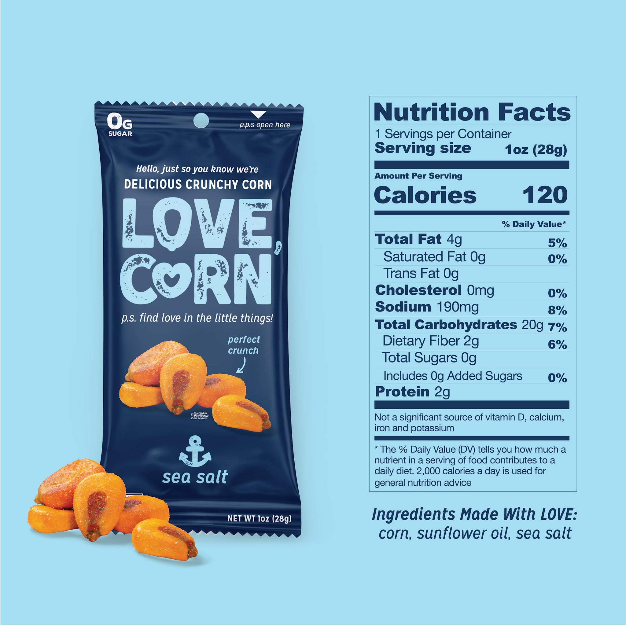 LOVE CORN Sea Salt - Crunchy Roasted Corn Snack, 3 Ingredients, Gluten Free, Non-GMO, Vegan, Low Sugar - Lunchbox, Office & On-the-Go, Alternative