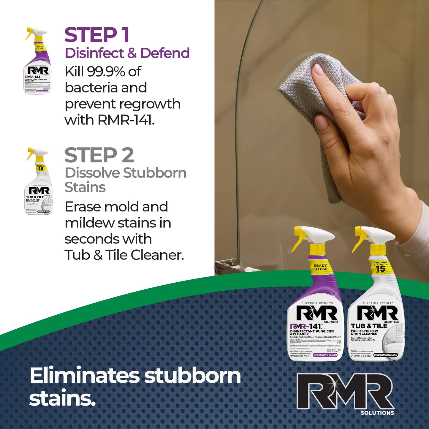 RMR Bathroom Brilliance Bundle - Tub & Tile Stain Spray + RMR-141 EPA Registered Mold & Mildew Remover, 2-Step Bathroom Cleaning & Disinfecting System