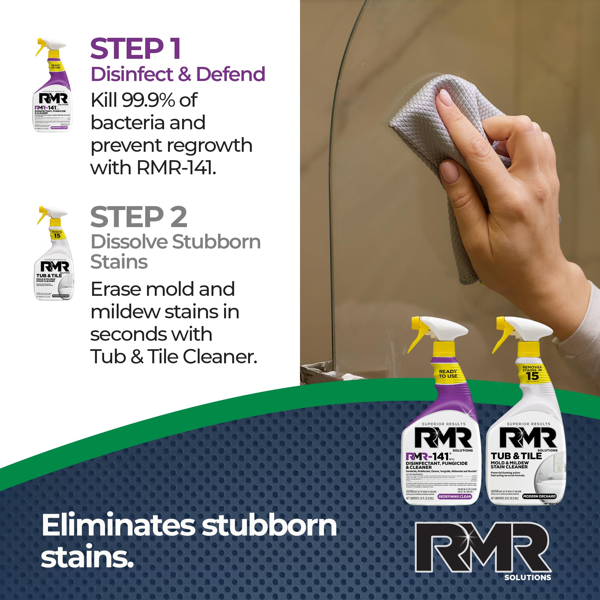 RMR Bathroom Brilliance Bundle - Tub & Tile Stain Spray + RMR-141 EPA Registered Mold & Mildew Remover, 2-Step Bathroom Cleaning & Disinfecting System