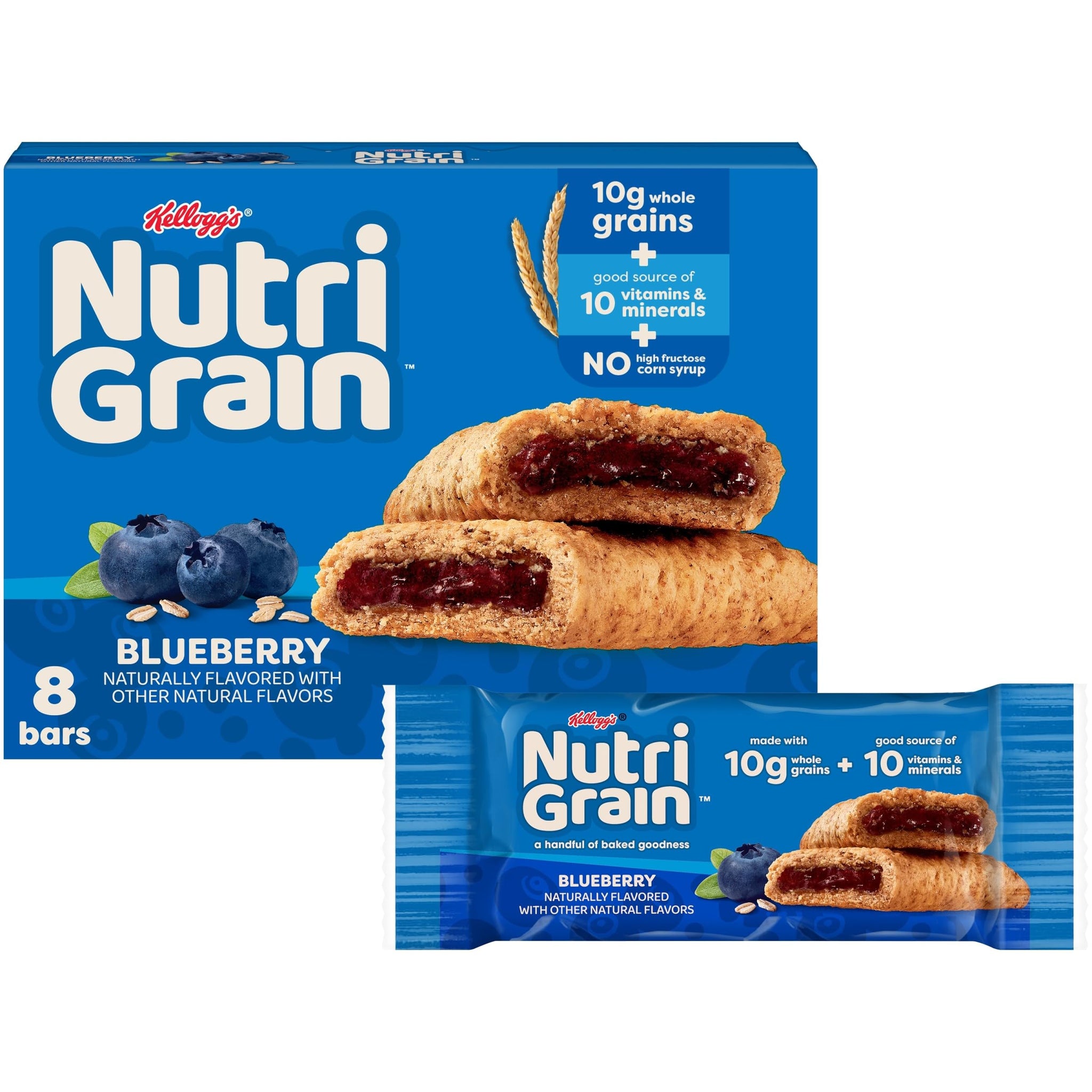 Nutri-Grain Breakfast Bars, Made with 10g Whole Grains, Snack Bars, Blueberry, 10.4oz Box (8 Count)