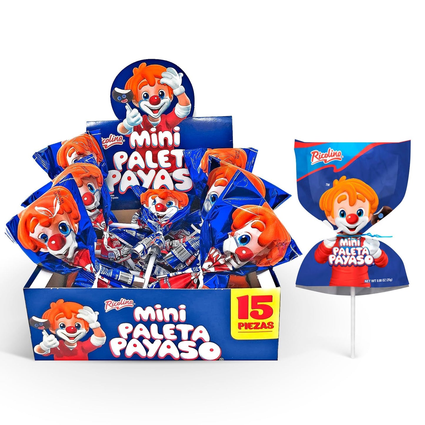 Ricolino Mini Paleta Payaso Chocolate Covered Marshmallow Lollipop (15 Count) -Coated Marshmallows Lollipops - Mexican Suckers, Hispanic Perfect